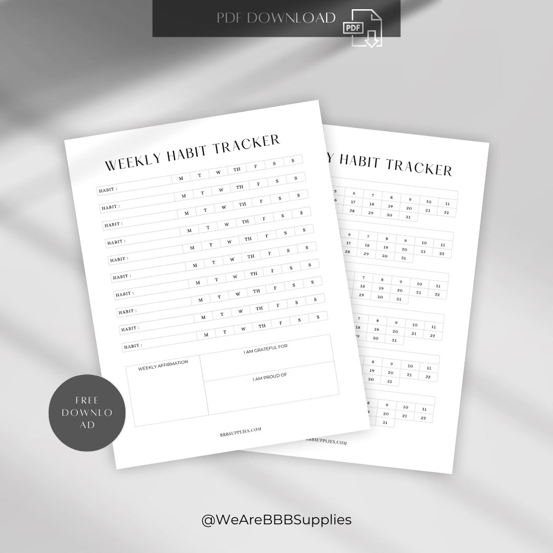 Free downloadable Printable monthly habit tracker from BBB Supplies Craft Shop