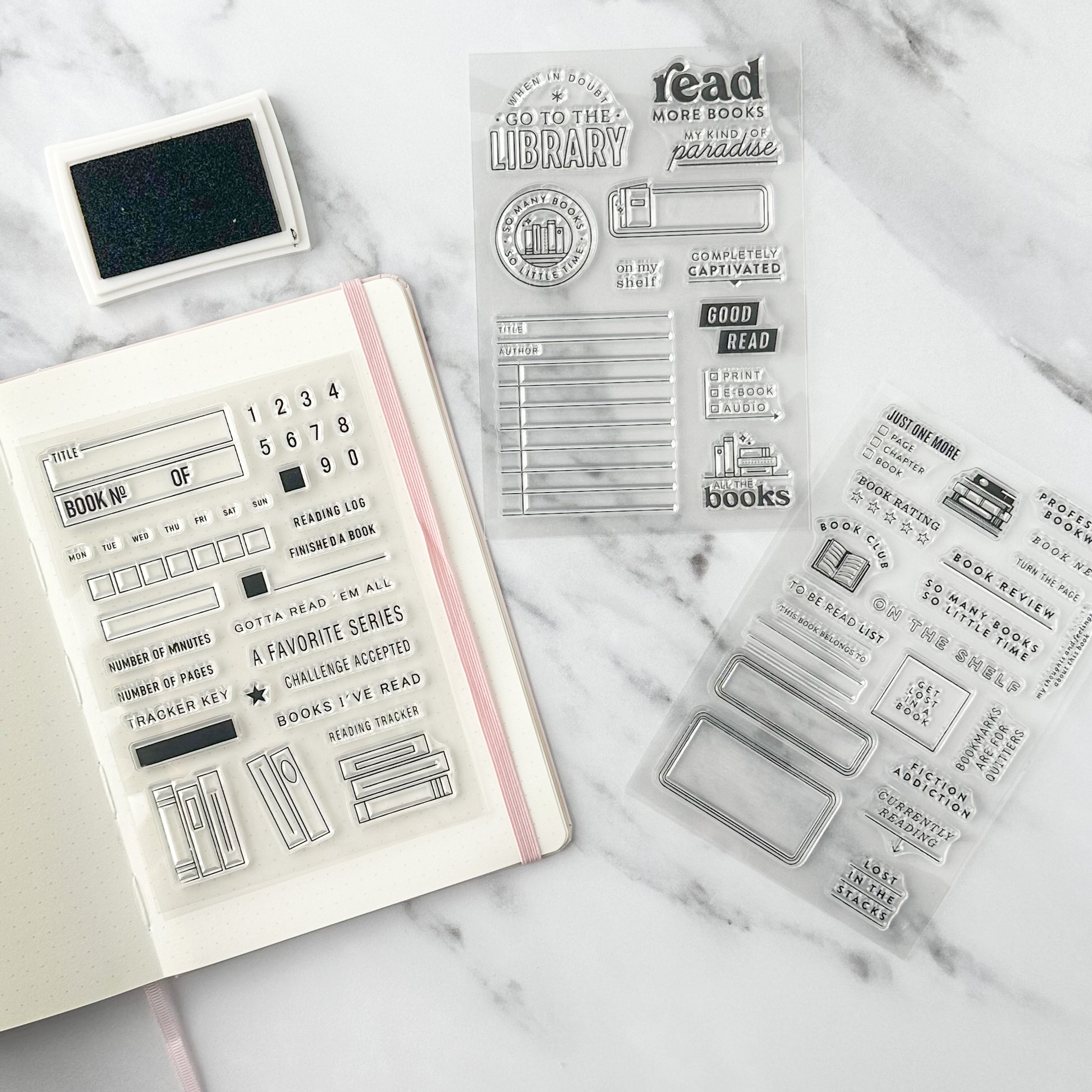 Organize your reading life with these handy stamps! Keep track of books you've read, rate them, jot down key points, and more. Perfect for book lovers who want to create a personalized reading log in their planner or journal. These stamps are sold at BBB Supplies Craft Shop.