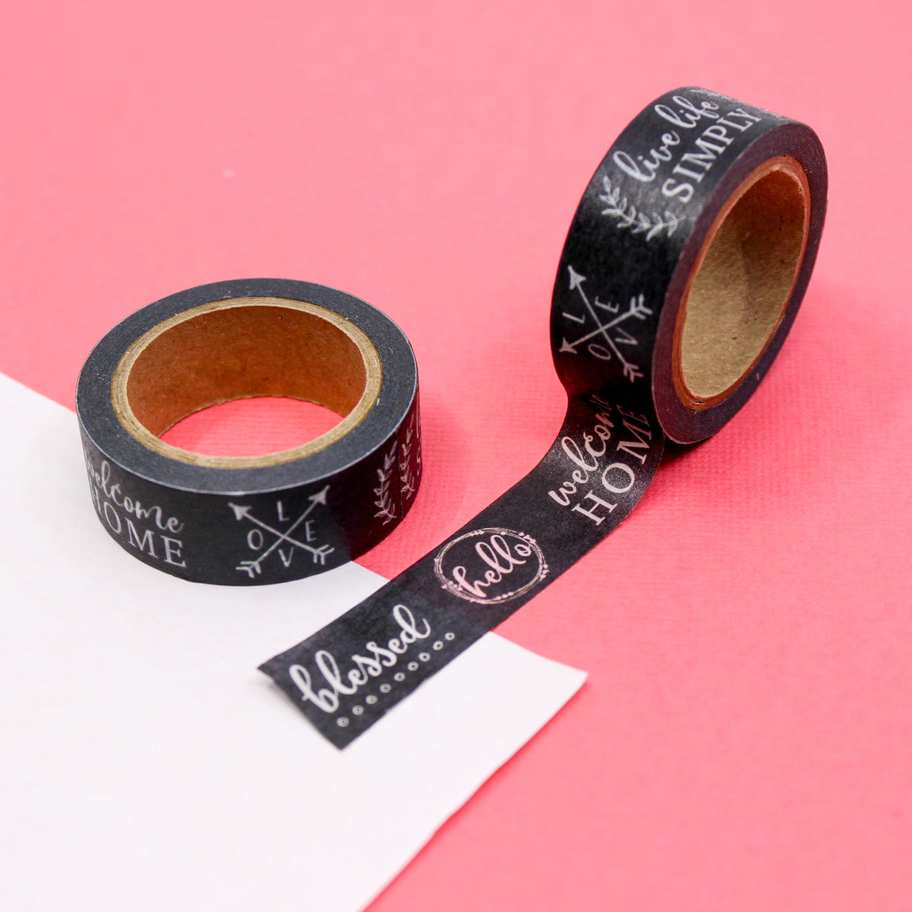 Enhance your crafts with our Black & White Blessed Phrases Washi Tape. Featuring inspiring words in a classic monochrome design, it adds a touch of positivity and style to your projects. This tape is sold at BBB Supplies Craft Shop.