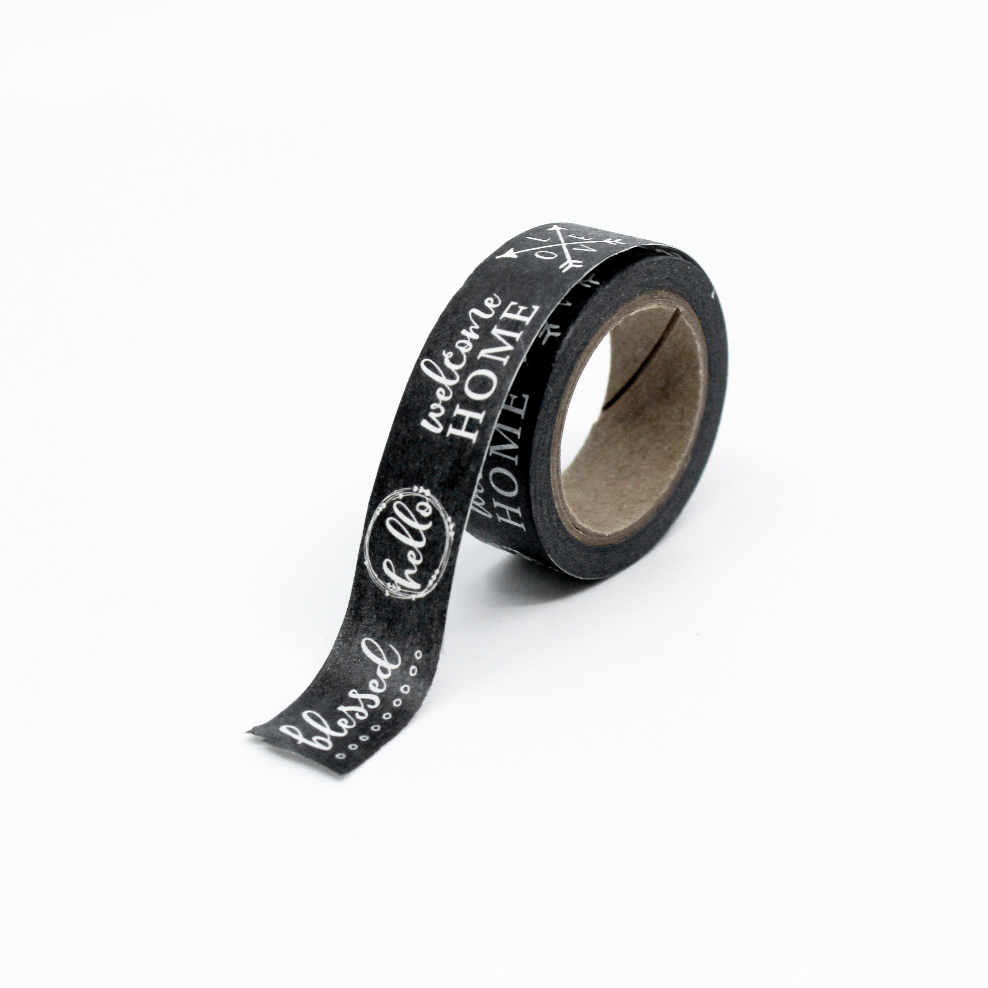 Enhance your crafts with our Black & White Blessed Phrases Washi Tape. Featuring inspiring words in a classic monochrome design, it adds a touch of positivity and style to your projects. This tape is sold at BBB Supplies Craft Shop.