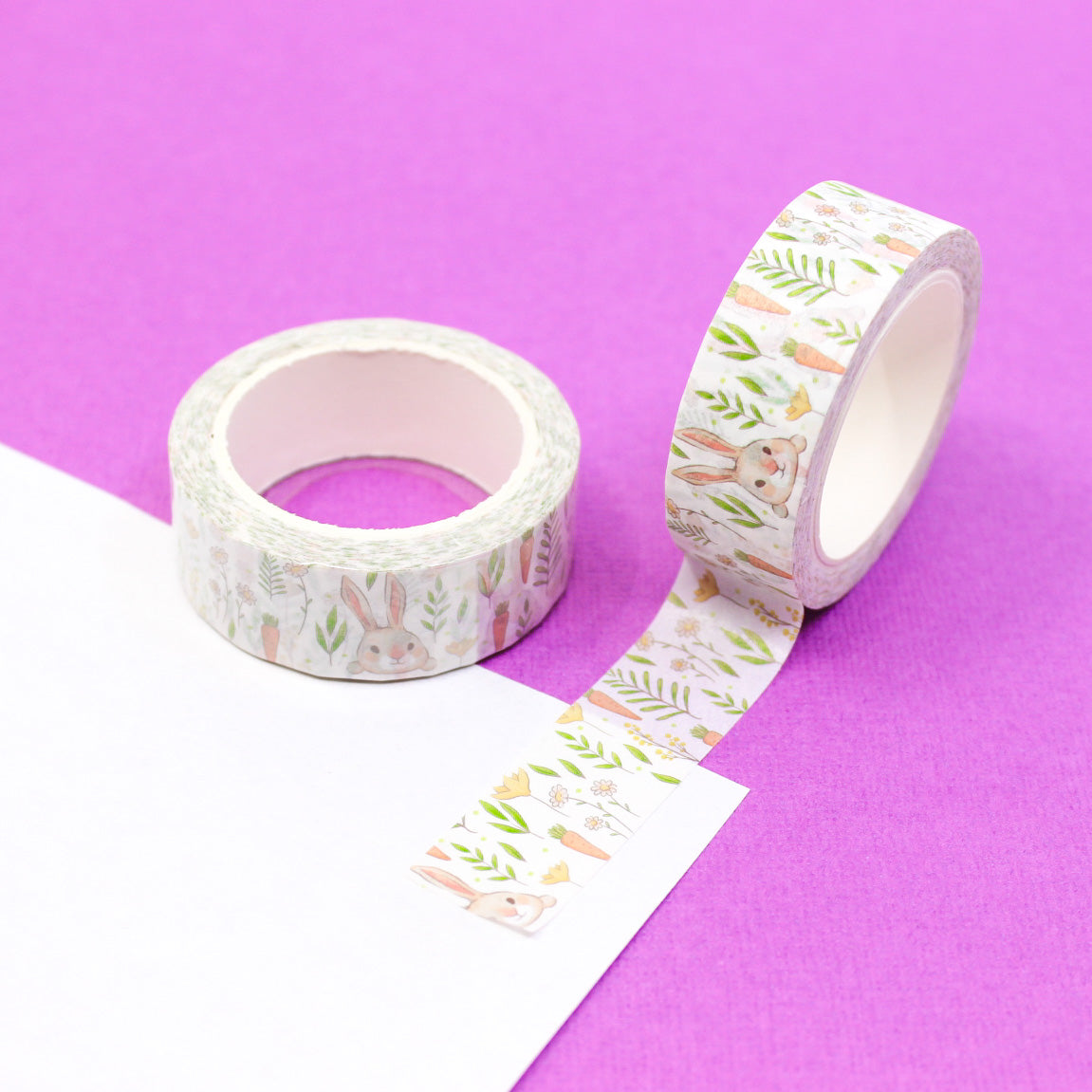 This cute washi tape features charming rabbits and carrots, perfect for adding a playful touch to your crafts. Ideal for Easter, springtime, or any whimsical project. This tape is sold at BBB Supplies Craft Shop.