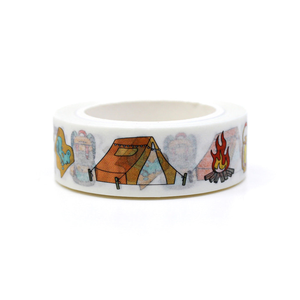 This washi tape features various camping supplies like tents, campfires, and backpacks, ideal for adding a rustic outdoor touch to your projects or journals. This tape is sold at BBB Supplies Craft Shop.