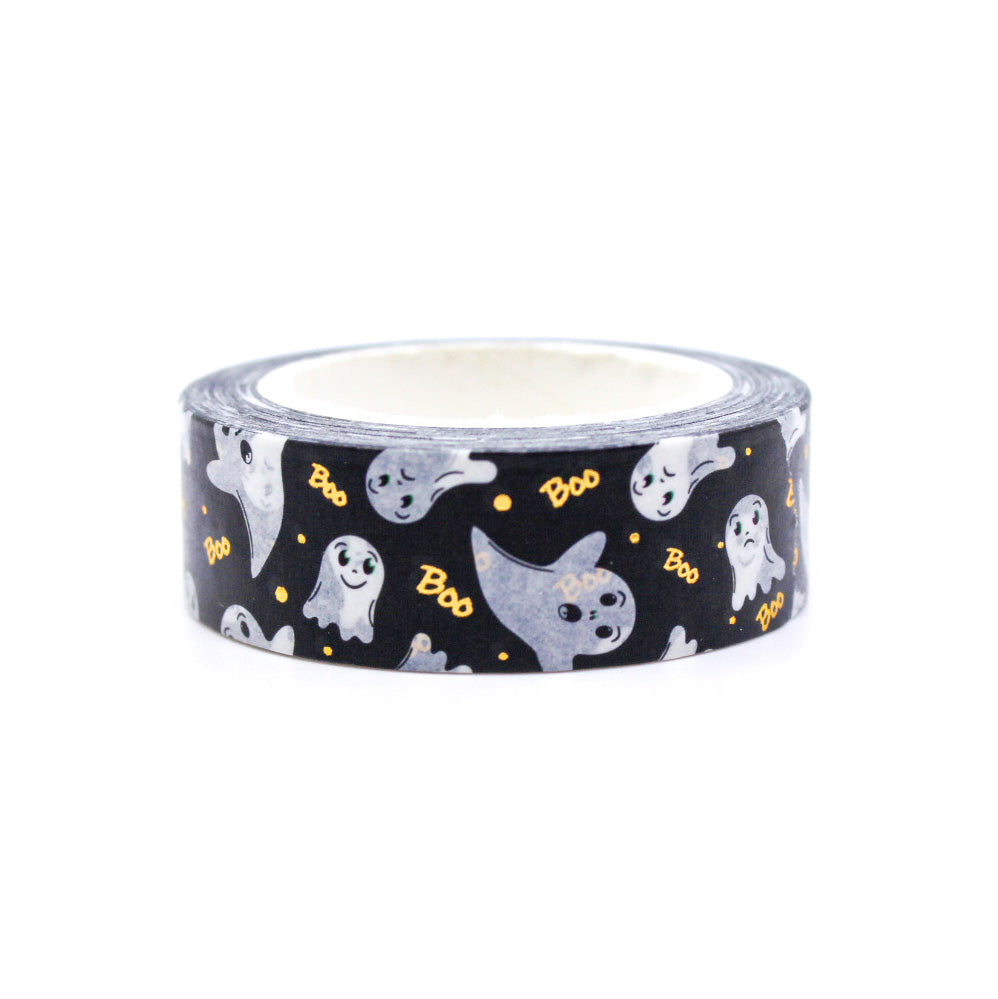 Celebrate Halloween with our Friendly Ghost Gold Foil 'Boo' Halloween Washi Tape, featuring adorable ghost and 'Boo' designs in shimmering gold foil. Ideal for adding a festive and spooky touch to your projects. This tape is sold at BBB Supplies Craft Shop.