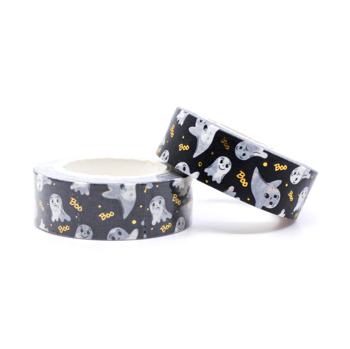 Celebrate Halloween with our Friendly Ghost Gold Foil 'Boo' Halloween Washi Tape, featuring adorable ghost and 'Boo' designs in shimmering gold foil. Ideal for adding a festive and spooky touch to your projects. This tape is sold at BBB Supplies Craft Shop.