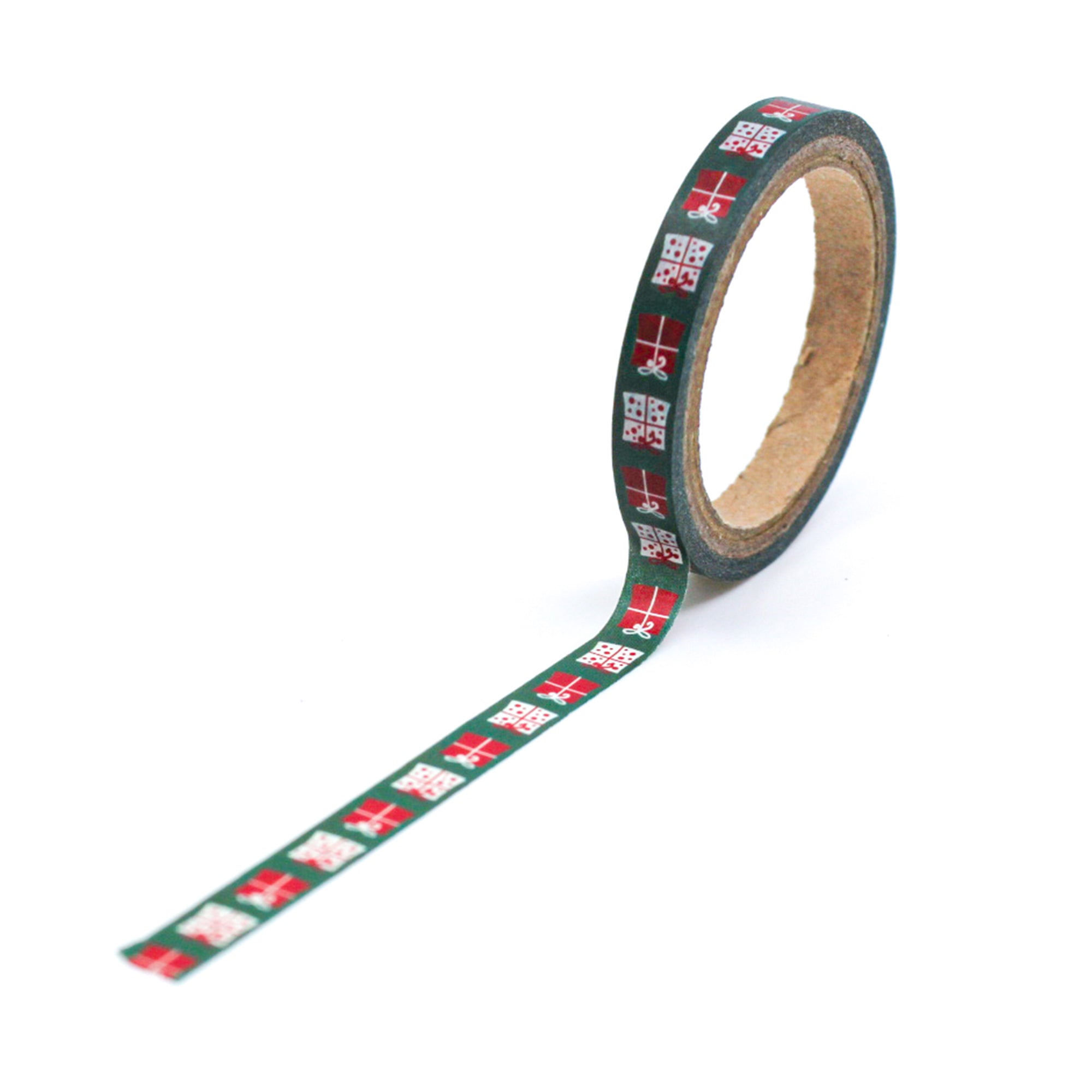 Infuse your creations with the spirit of giving using our washi tape adorned with green Christmas gifts, capturing the joy and excitement of holiday presents. This tape is sold at BBB Supplies Craft Shop.