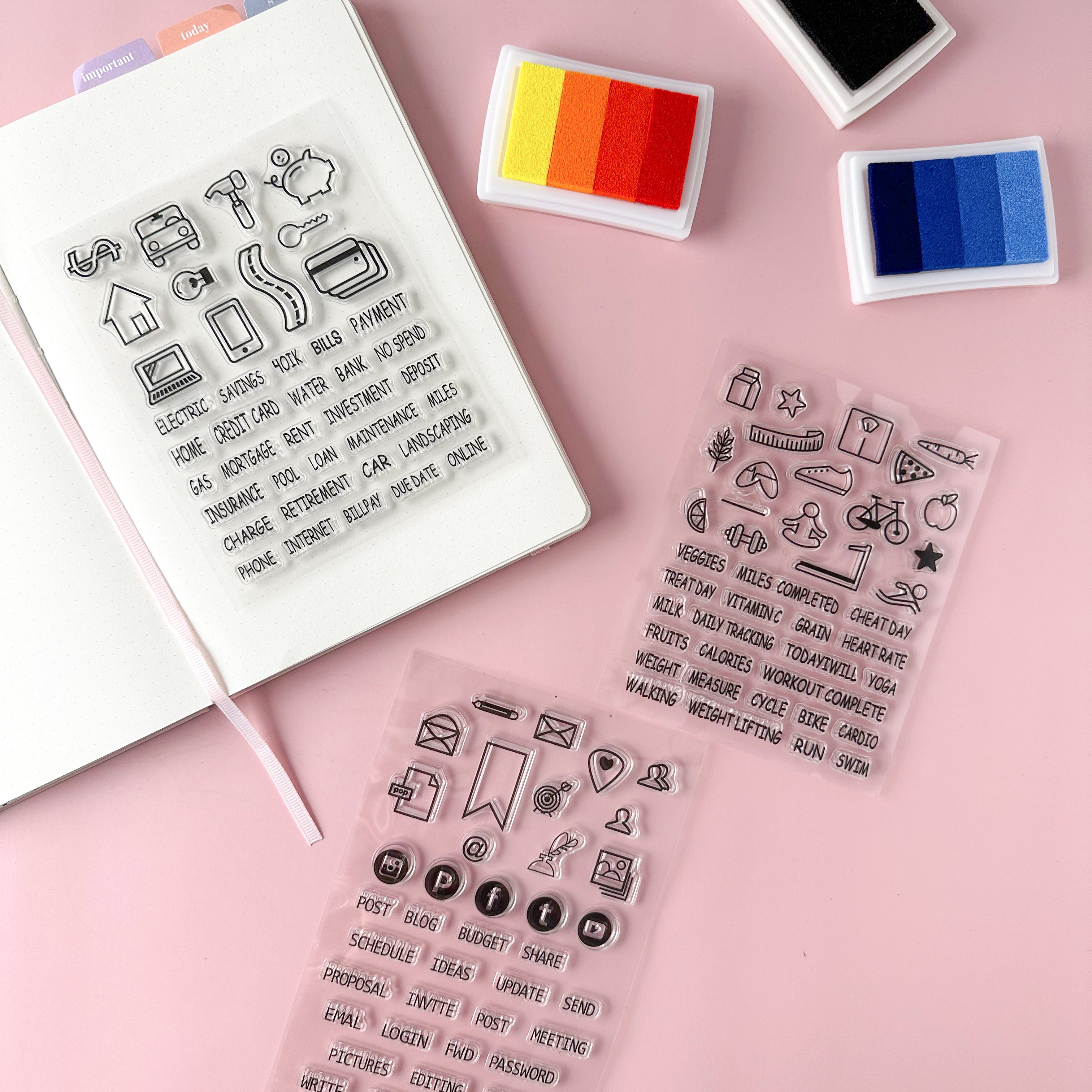 Streamline your blogging and business endeavors with our purpose-built BUJO stamps, including icons and symbols for blog topic brainstorming, content creation, promotion planning, and social media engagement. This stamp collection is sold at BBB Supplies Craft Shop.