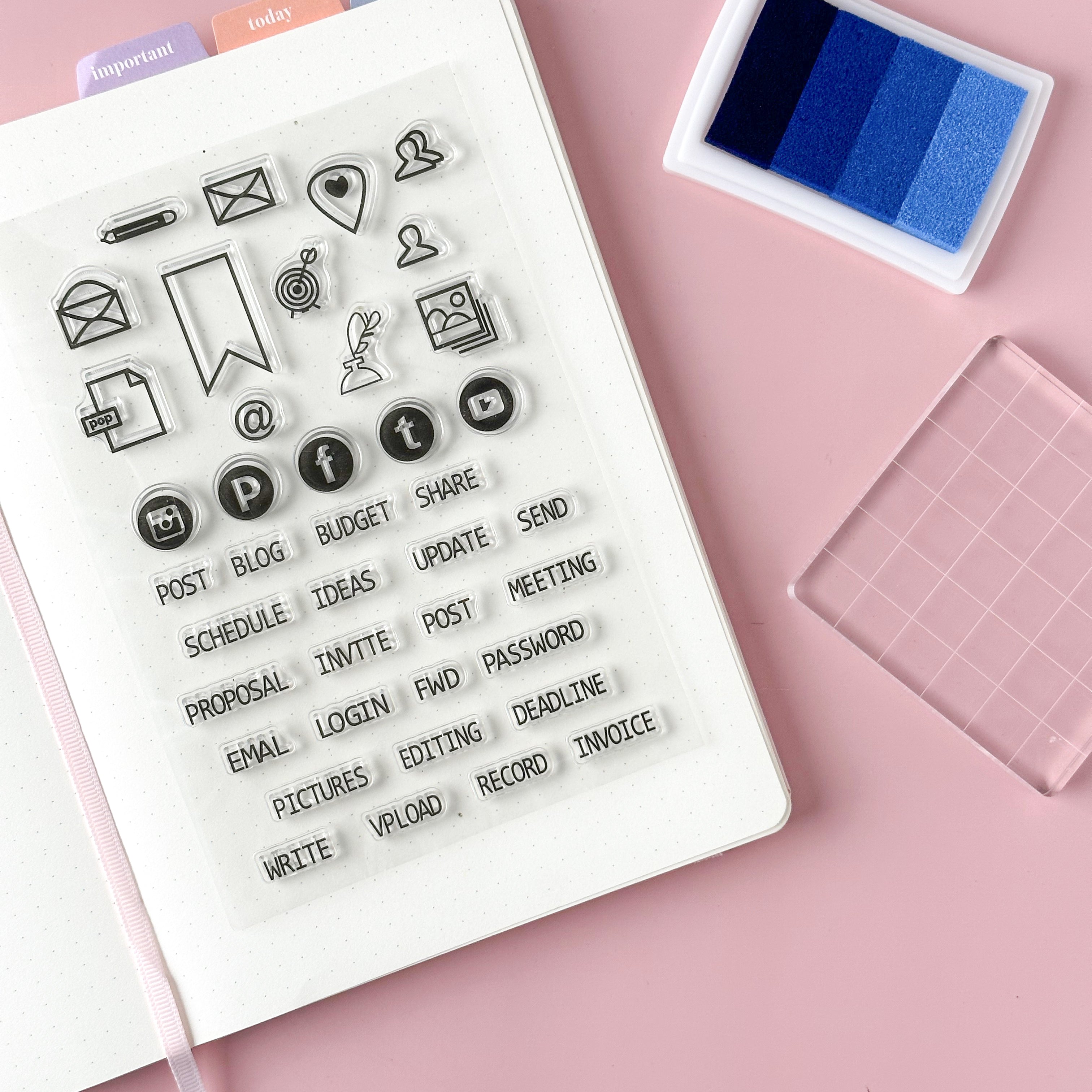 Streamline your blogging and business endeavors with our purpose-built BUJO stamps, including icons and symbols for blog topic brainstorming, content creation, promotion planning, and social media engagement. This stamp collection is sold at BBB Supplies Craft Shop.