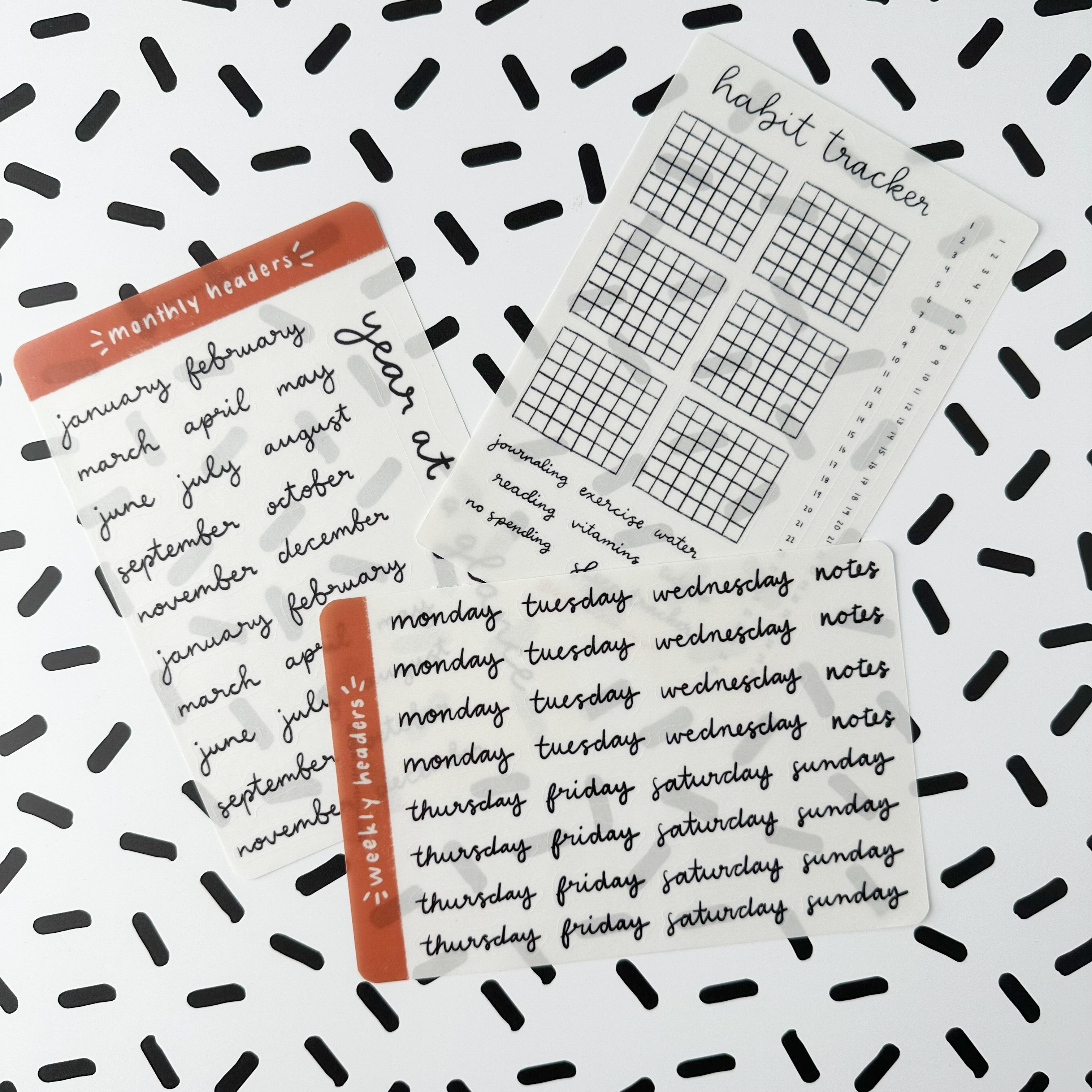 Organize your planner with our Planner Weekly Header Sticker Sheet, featuring stylish and functional monthly header stickers. Ideal for adding a clean and structured look to your planner spreads. These stickers from Lines and Colors Design are sold at BBB Supplies Craft Shop.