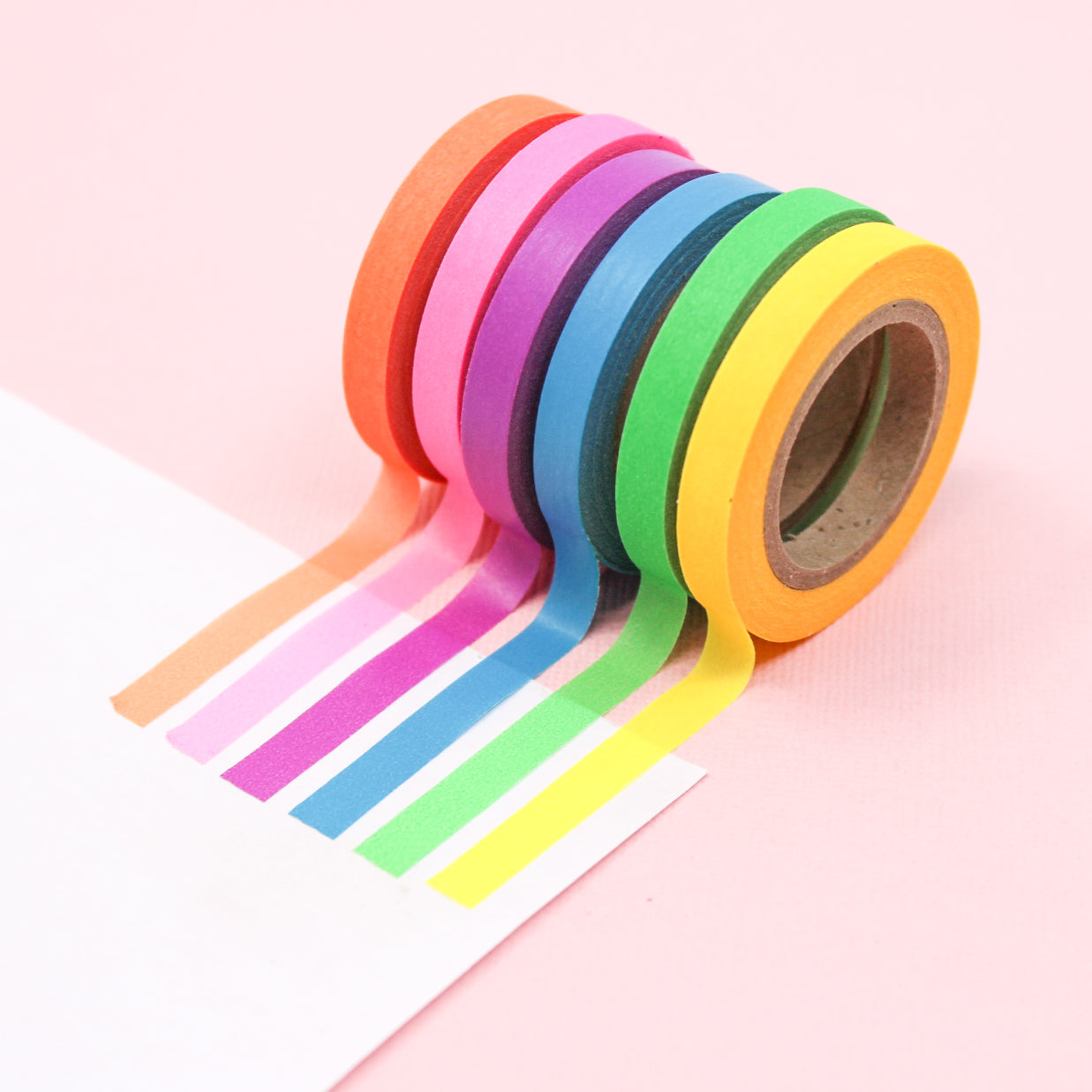 Brighten up your crafts with our Neon Color Narrow Solid Washi Tape Set. This set includes a selection of narrow washi tapes in vivid neon colors, perfect for adding a bold and electrifying touch to your projects. This tape is sold at BBB Supplies Craft Shop.