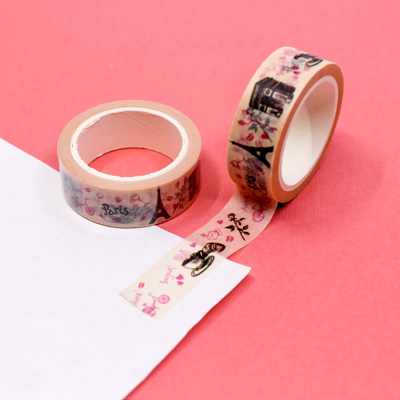 Embrace the romantic allure of Paris with our 'For the Love of Paris Symbols' Washi Tape. Eiffel Towers, hearts, and more in a stylish design. This tape is sold at BBB Supplies Craft Shop.