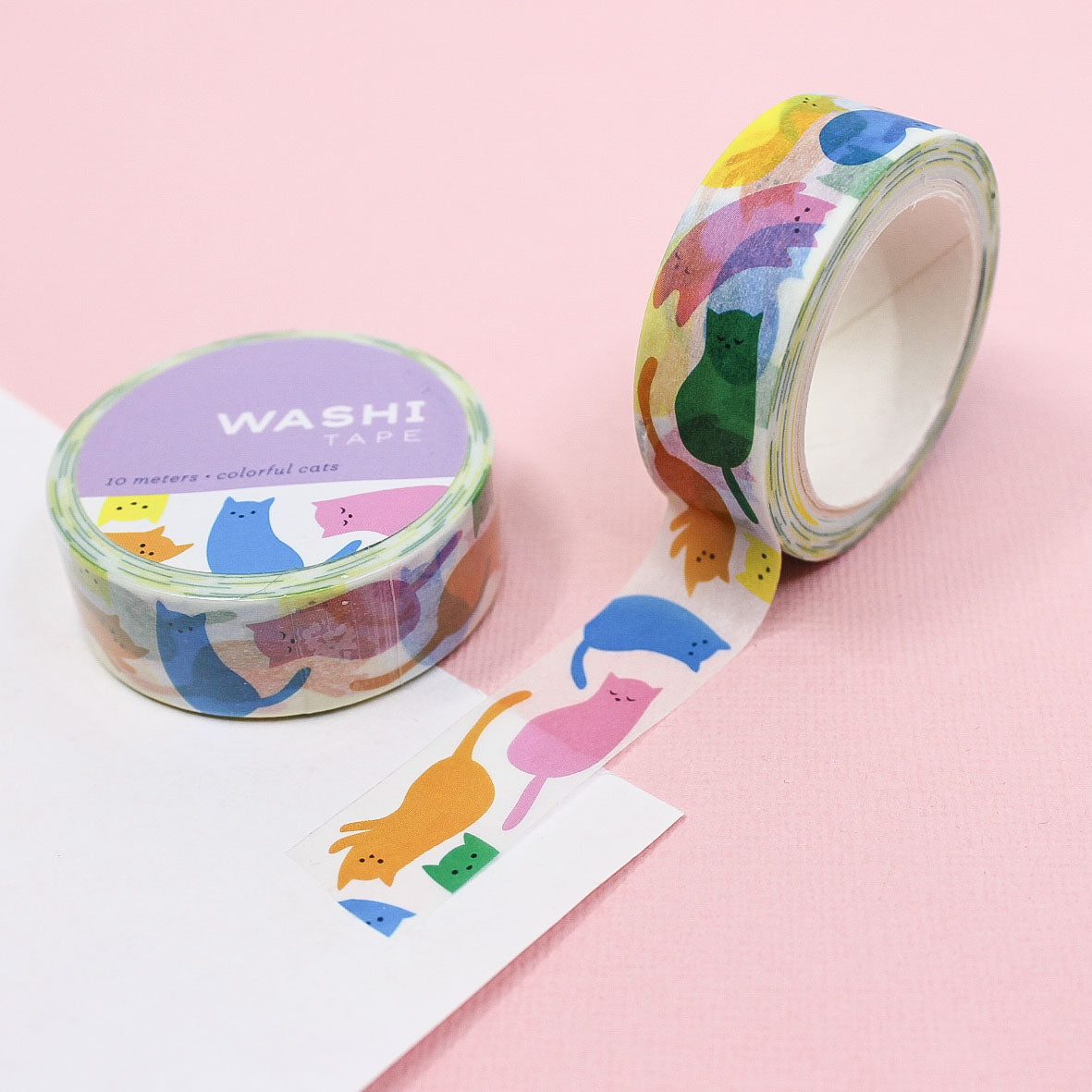 Rainbow Color Cats Washi Tape featuring cute cats in vibrant rainbow hues, perfect for adding a playful and colorful touch to any planner, journal, or craft project.