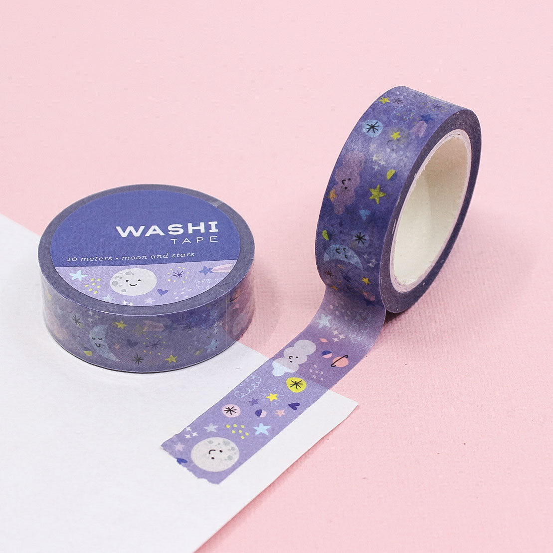 Storybook Night Sky Moon Washi Tape with dreamy crescent moons, stars, and clouds against a deep blue night sky, perfect for journaling, scrapbooking, and celestial-themed crafts.