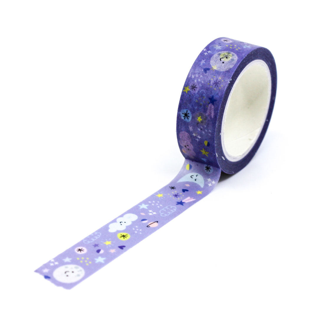 Storybook Night Sky Moon Washi Tape with dreamy crescent moons, stars, and clouds against a deep blue night sky, perfect for journaling, scrapbooking, and celestial-themed crafts.