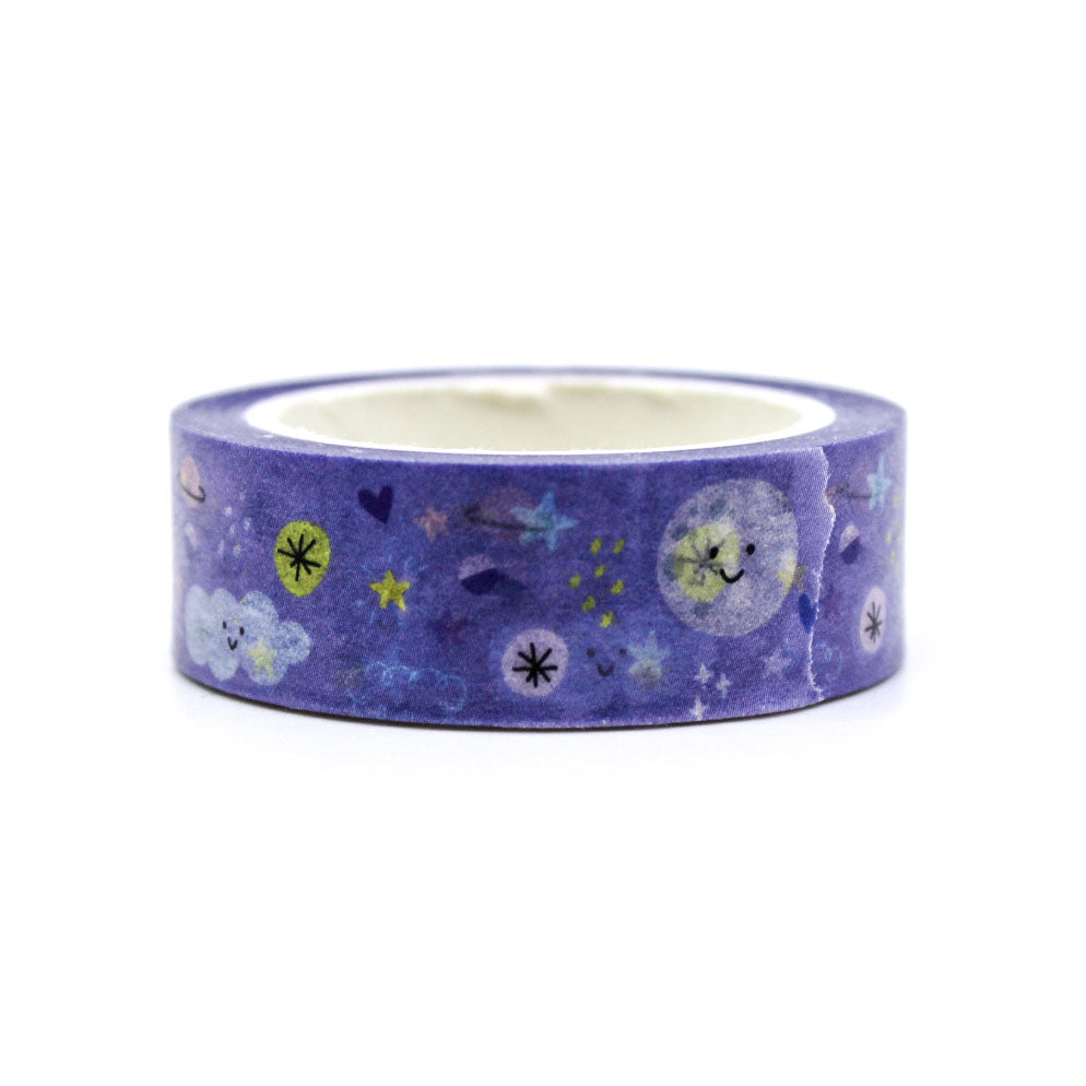 Storybook Night Sky Moon Washi Tape with dreamy crescent moons, stars, and clouds against a deep blue night sky, perfect for journaling, scrapbooking, and celestial-themed crafts.