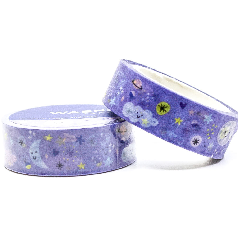  Storybook Night Sky Moon Washi Tape with dreamy crescent moons, stars, and clouds against a deep blue night sky, perfect for journaling, scrapbooking, and celestial-themed crafts.