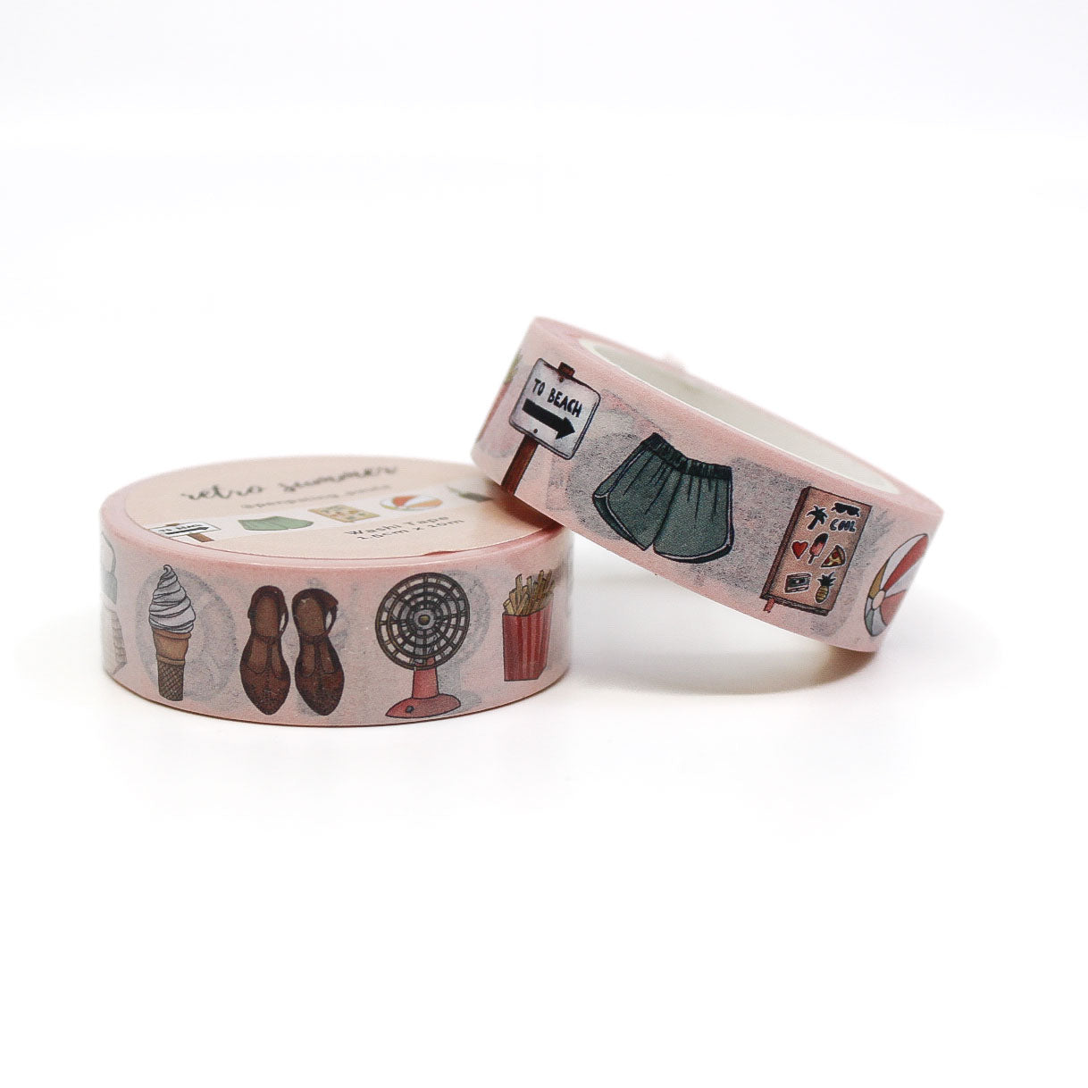 Bring the spirit of summer to your crafts with this washi tape featuring beach-themed objects like seashells, sunglasses, and flip-flops, perfect for vacation scrapbooks and journals.. This tape is from Penpaling Paula and sold at BBB Supplies Craft Shop