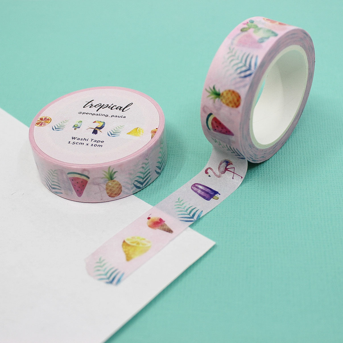 Brighten your projects with this vibrant washi tape featuring tropical summer motifs such as palm trees, hibiscus flowers, and beach icons, perfect for adding a sunny, island vibe to your scrapbooks and planners. This tape is from Penpaling Paula and sold at BBB Supplies Craft Shop