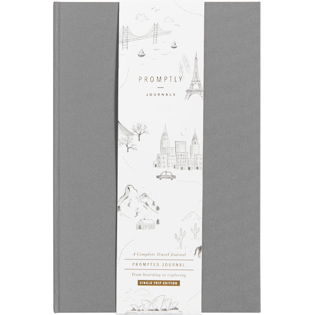This grey travel journal is a perfect way to document the best parts of your trip, with prompts along the way, resulting in a keepsake journal! This journal is from promptly and sold at BBB Supplies Craft Shop.