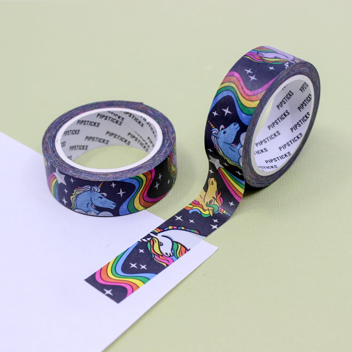 Add a magical touch to your projects with this vibrant washi tape featuring whimsical unicorns and colorful rainbows, perfect for planners, scrapbooks, and journals. This tape is from pipsticks and sold at BBB Supplies Craft Shop.