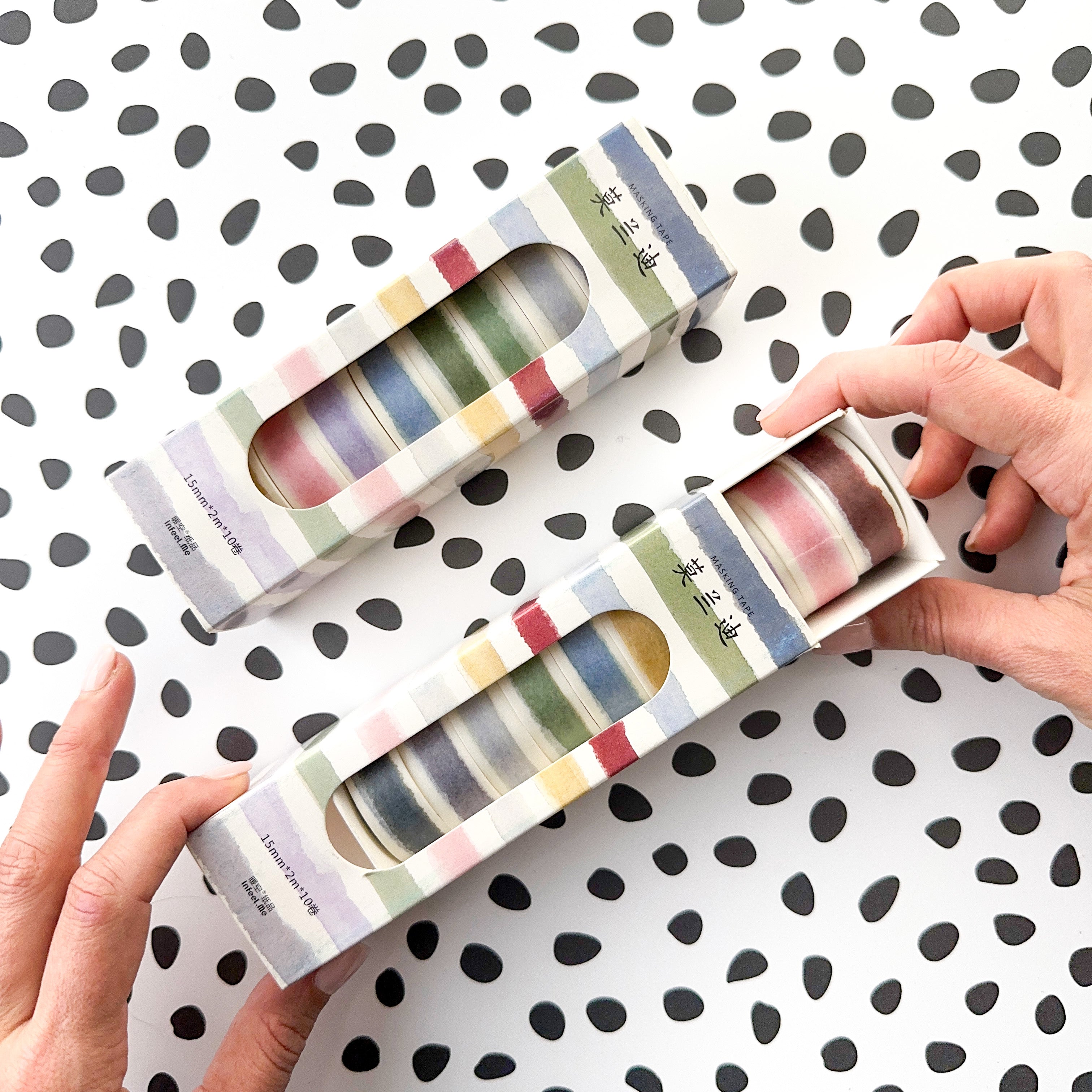 Get creative with our collection of 10 watercolor washi tapes in a beautiful rainbow palette, ideal for scrapbooking, journaling, and DIY crafts. These are especially perfect for easy banners on your spread. This collection is sold at BBB Supplies Craft Shop.