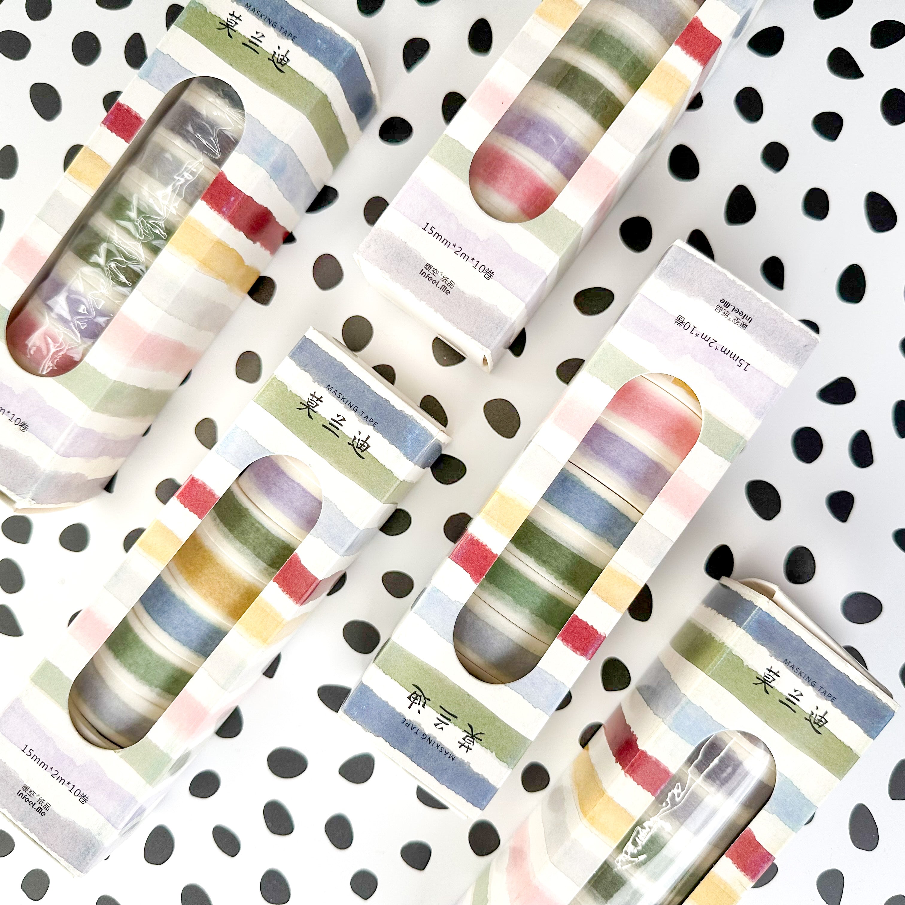 Get creative with our collection of 10 watercolor washi tapes in a beautiful rainbow palette, ideal for scrapbooking, journaling, and DIY crafts. These are especially perfect for easy banners on your spread. This collection is sold at BBB Supplies Craft Shop.