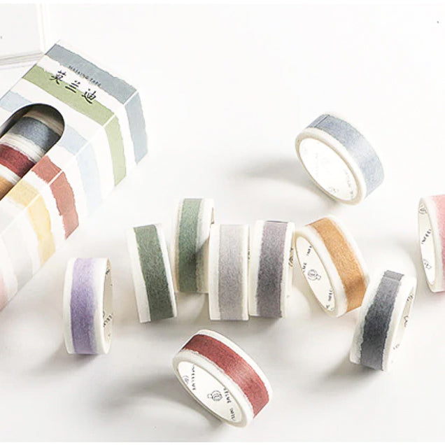 Get creative with our collection of 10 watercolor washi tapes in a beautiful rainbow palette, ideal for scrapbooking, journaling, and DIY crafts. These are especially perfect for easy banners on your spread. This collection is sold at BBB Supplies Craft Shop.