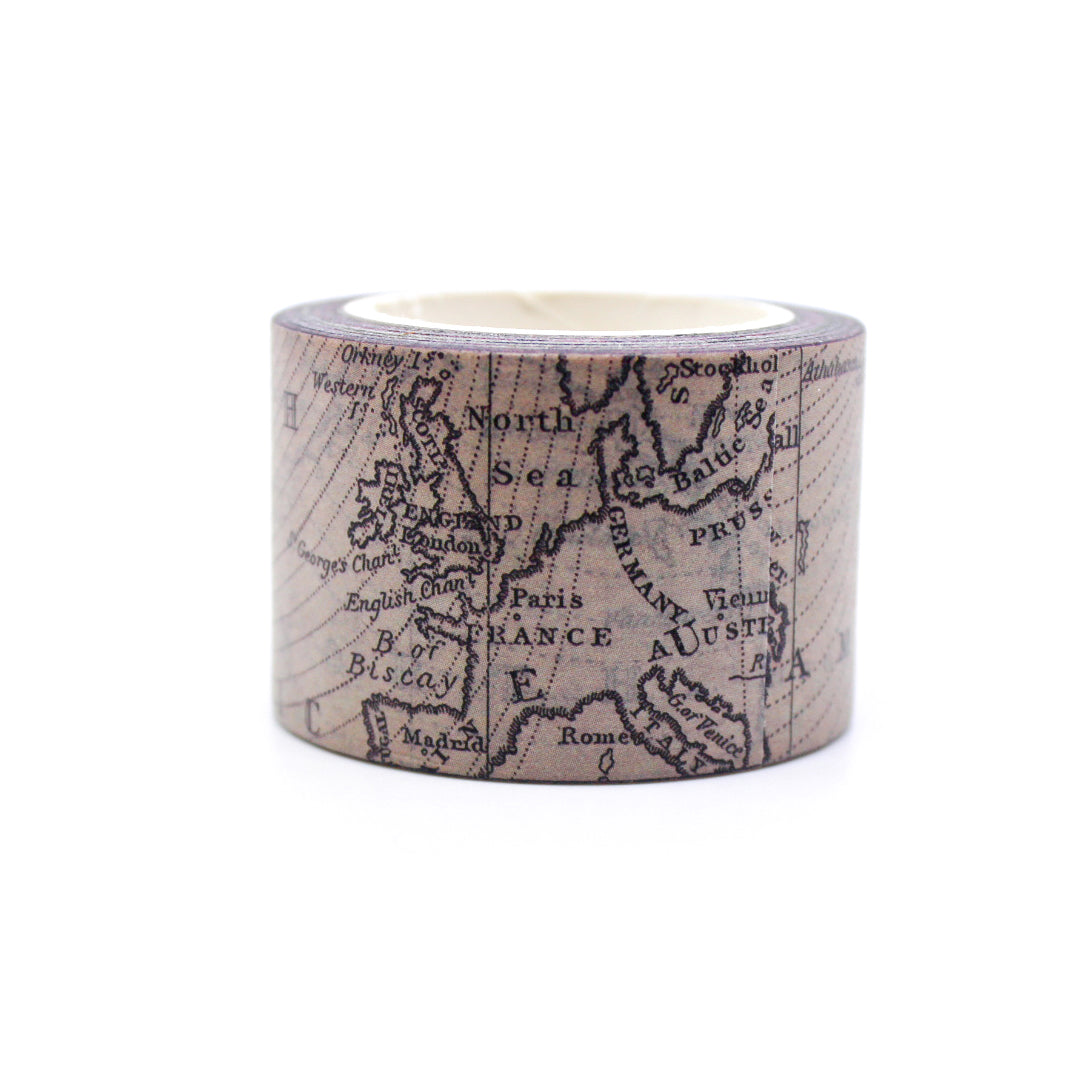 Washi tape featuring an antique world map design, perfect for travel-themed crafts, journaling, and adding a vintage touch to your stationery.