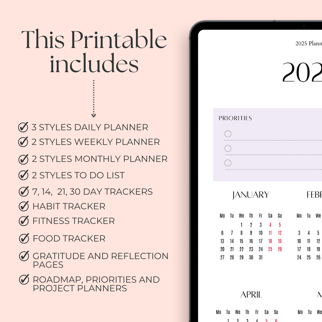 Printable 2025 Planner that includes- mood tracking, Daily, weekly and goal Planning Sheets in pastel colors - daily mood tracker with reflection prompts.