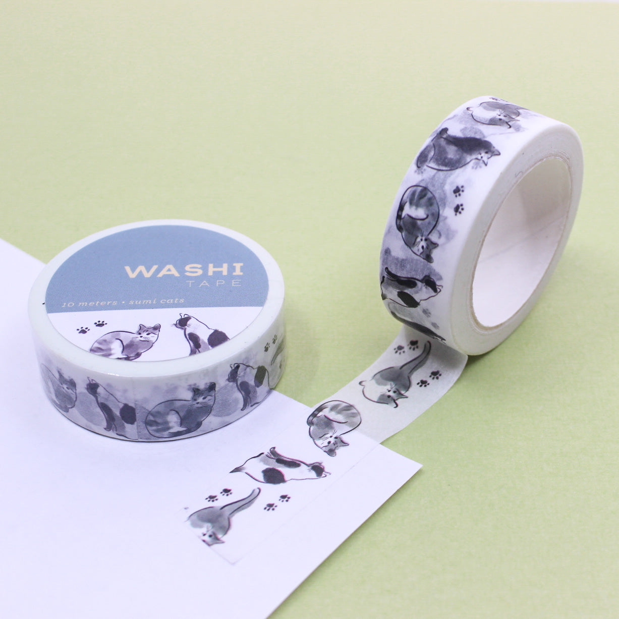 Black & White Sumi Cat Washi Tape with minimalist black cat illustrations in traditional ink art style on a white background, ideal for adding elegance and artistic flair to planners, journals, and crafts.