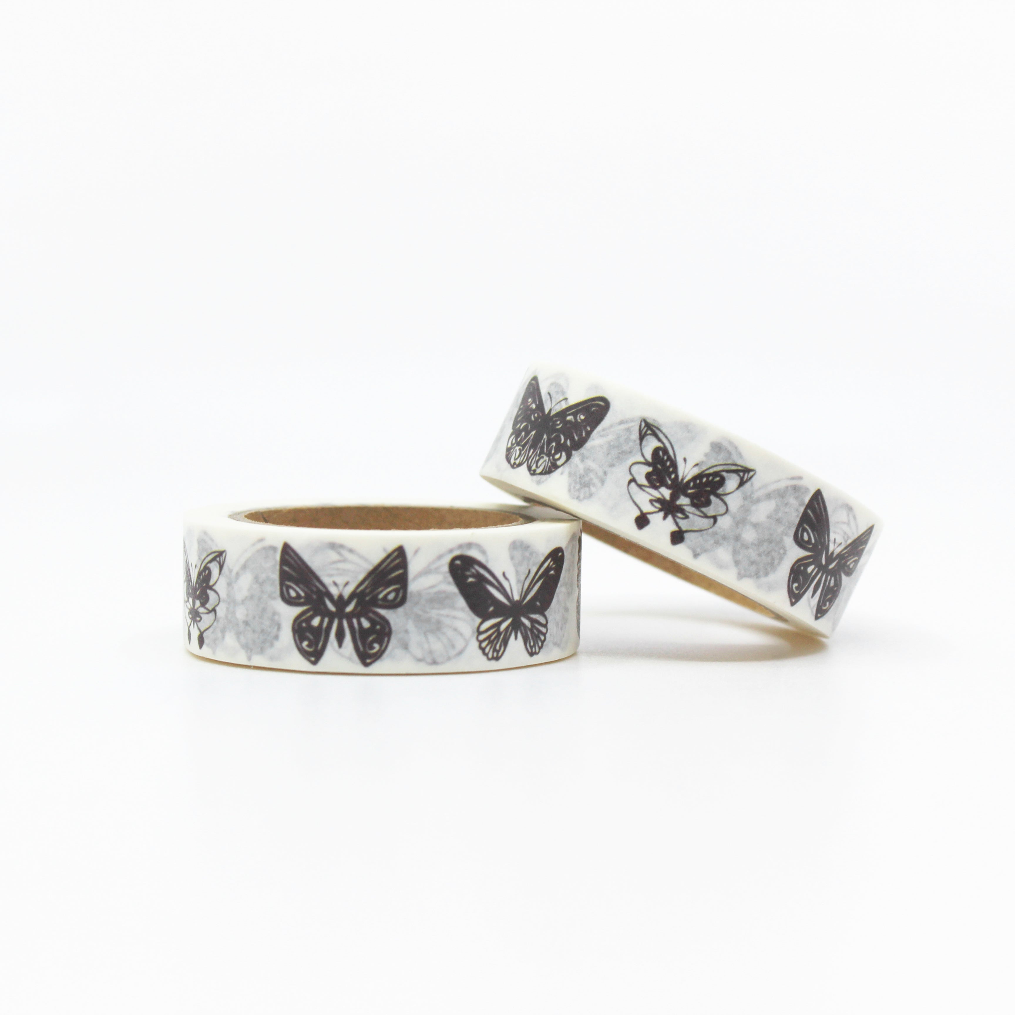 Enhance your crafts with our elegant black and white butterfly washi tape, featuring delicate and minimalist butterfly designs for a touch of simplicity and sophistication. This tape is sold at BBB Supplies Craft Shop.