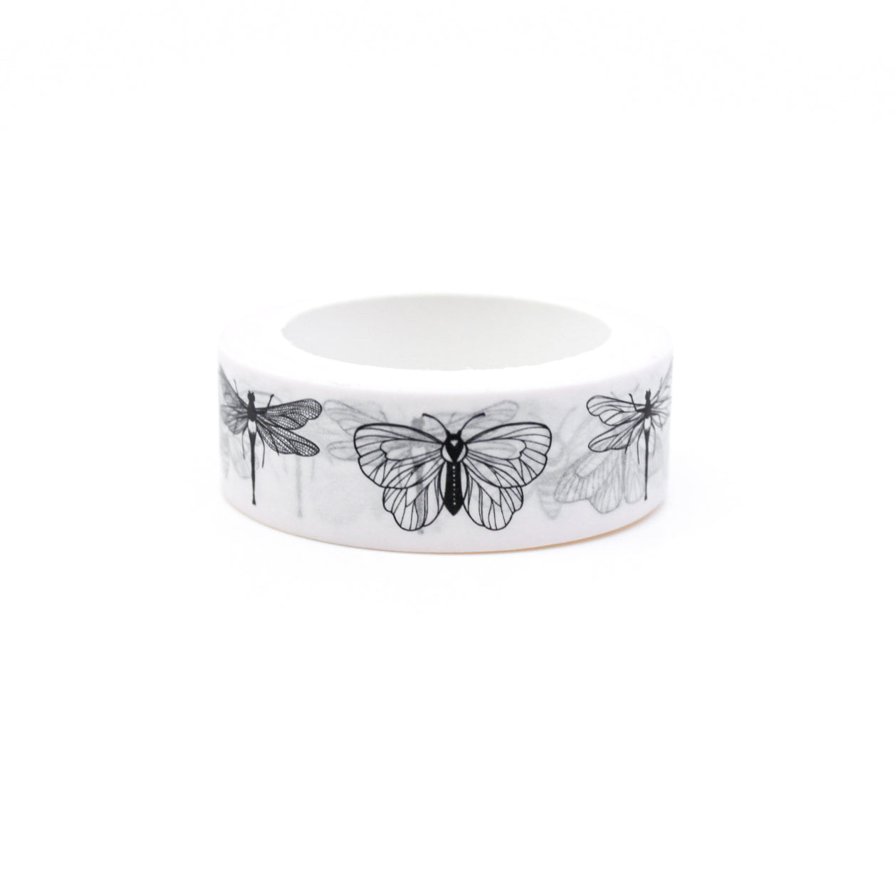 Captivating black and white insect design washi tape featuring moths, butterflies, and dragonflies. Let your creativity take flight as you embrace the allure of these enchanting insects. This tape is sold at BBB Supplies Craft Shop.