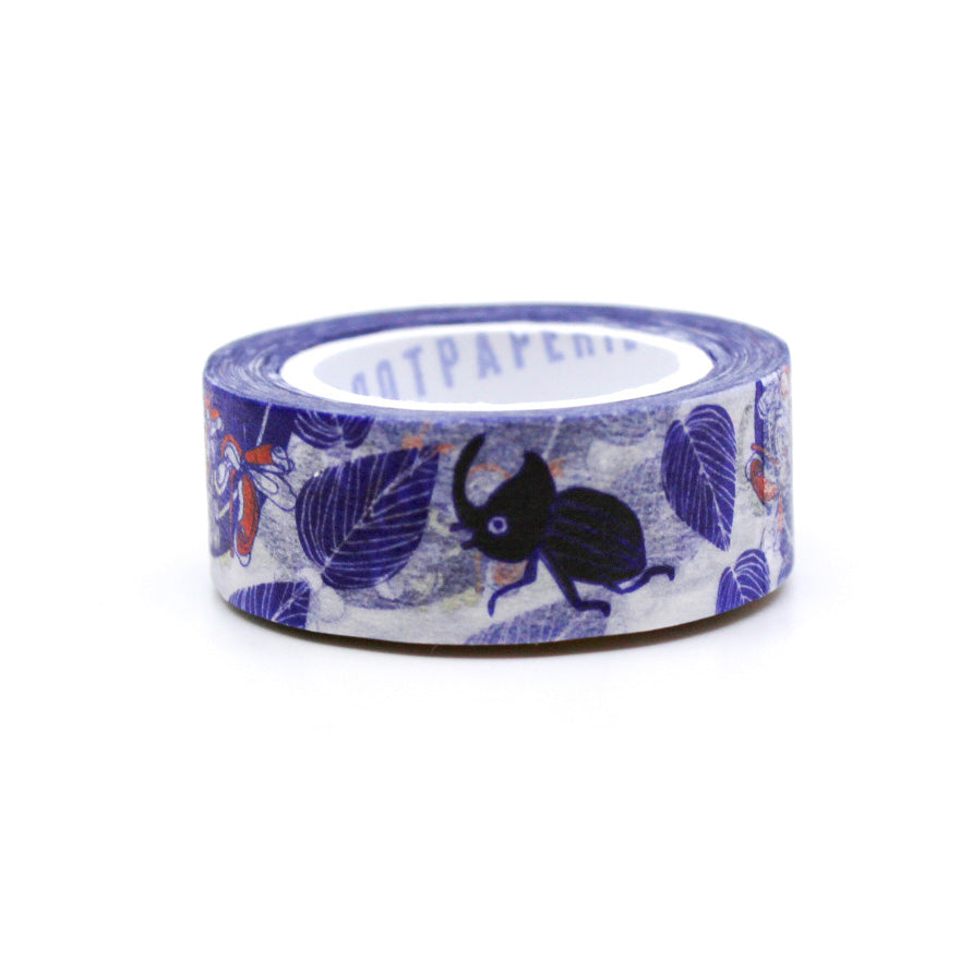 "Blue Beetle Washi Tape" features intricately detailed blue beetles against a neutral background, ideal for adding a unique and nature-inspired touch to your scrapbooking, journaling, and DIY crafts.