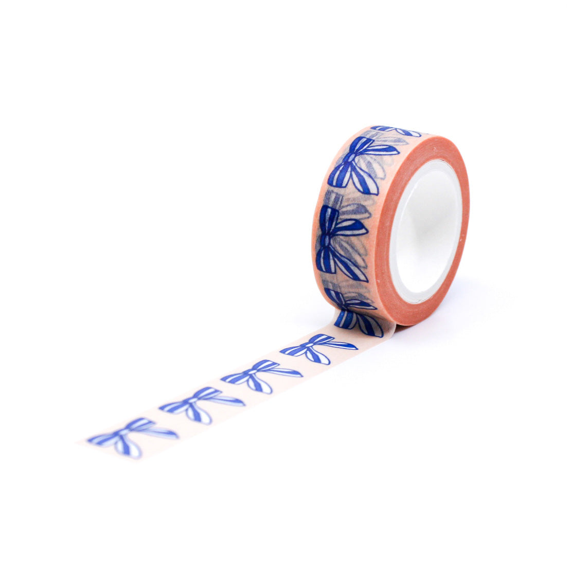 "Blue Bows & Ribbons Washi Tape" features a charming design of blue bows and ribbons, adding a touch of elegance and whimsy to your crafts, journals, and gift wrapping.