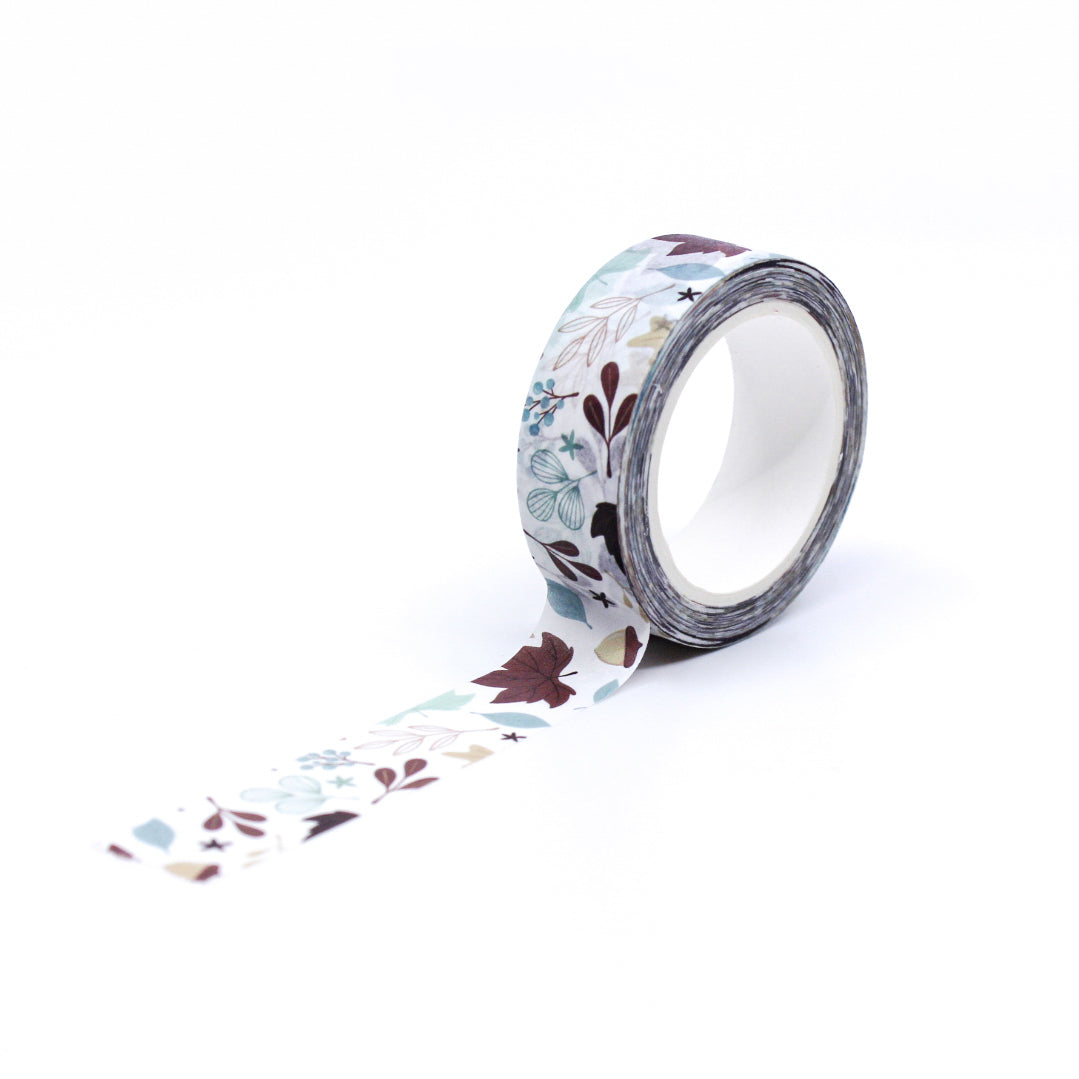 Blue and brown autumn leaves washi tape featuring a delicate pattern of leaves in seasonal tones. Perfect for scrapbooking, journaling, and crafting projects