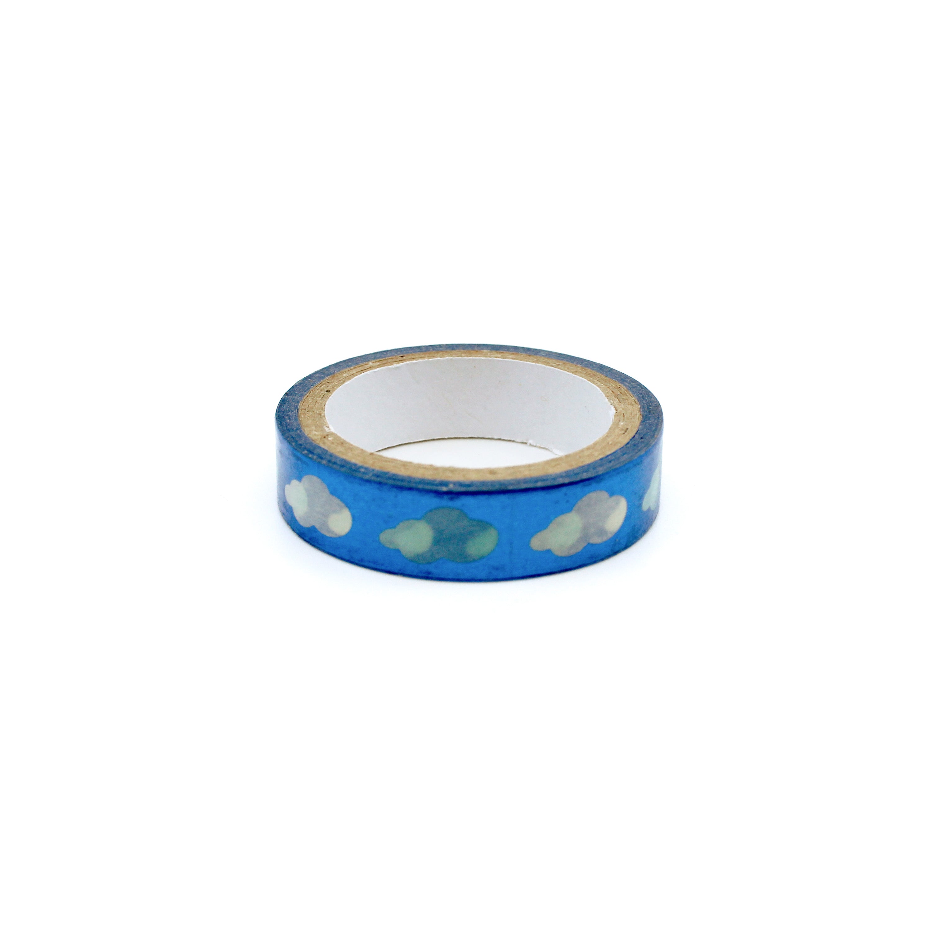 Blue washi tape with shimmering foil clouds, ideal for decorating planners, scrapbooks, and craft projects.