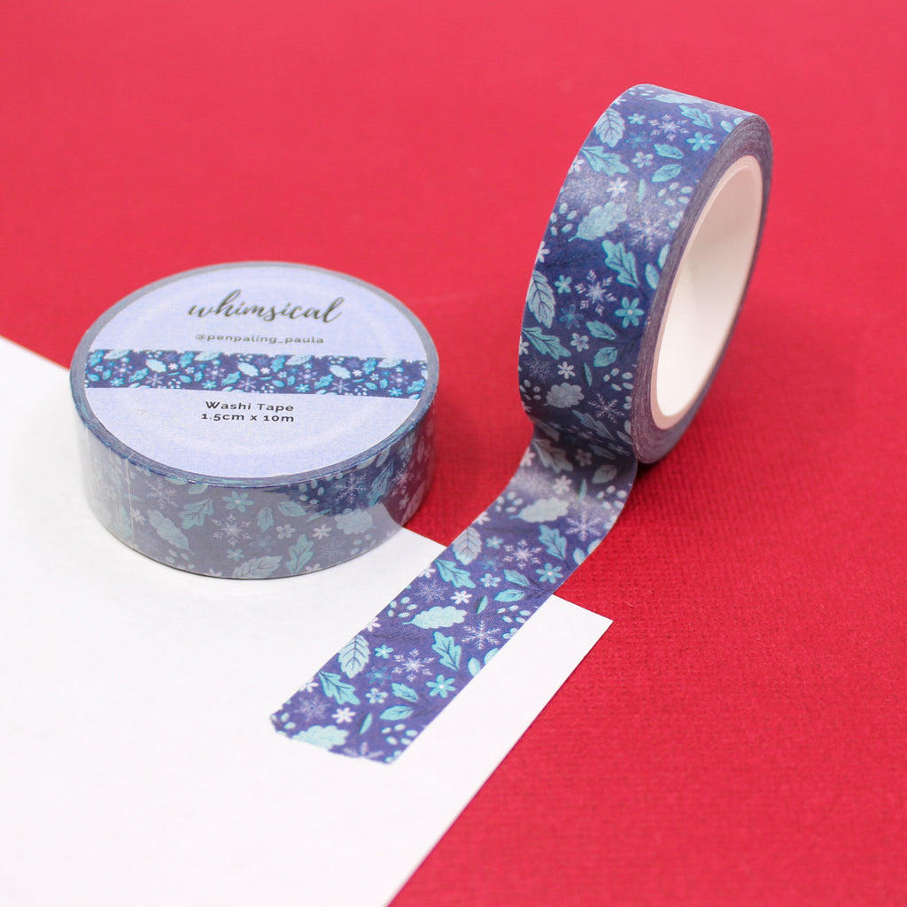 Blue Winter Leaves and Snowflakes Washi Tape