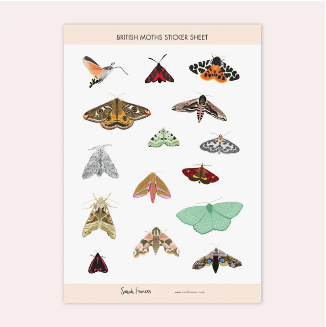 Illuminate your crafts with our British Moth Sticker Sheet, adorned with charming illustrations of native British moth species. Ideal for adding a touch of nocturnal wonder and beauty to your crafts. These stickers are designed by Sarah Frances and sold at BBB Supplies Craft Shop.