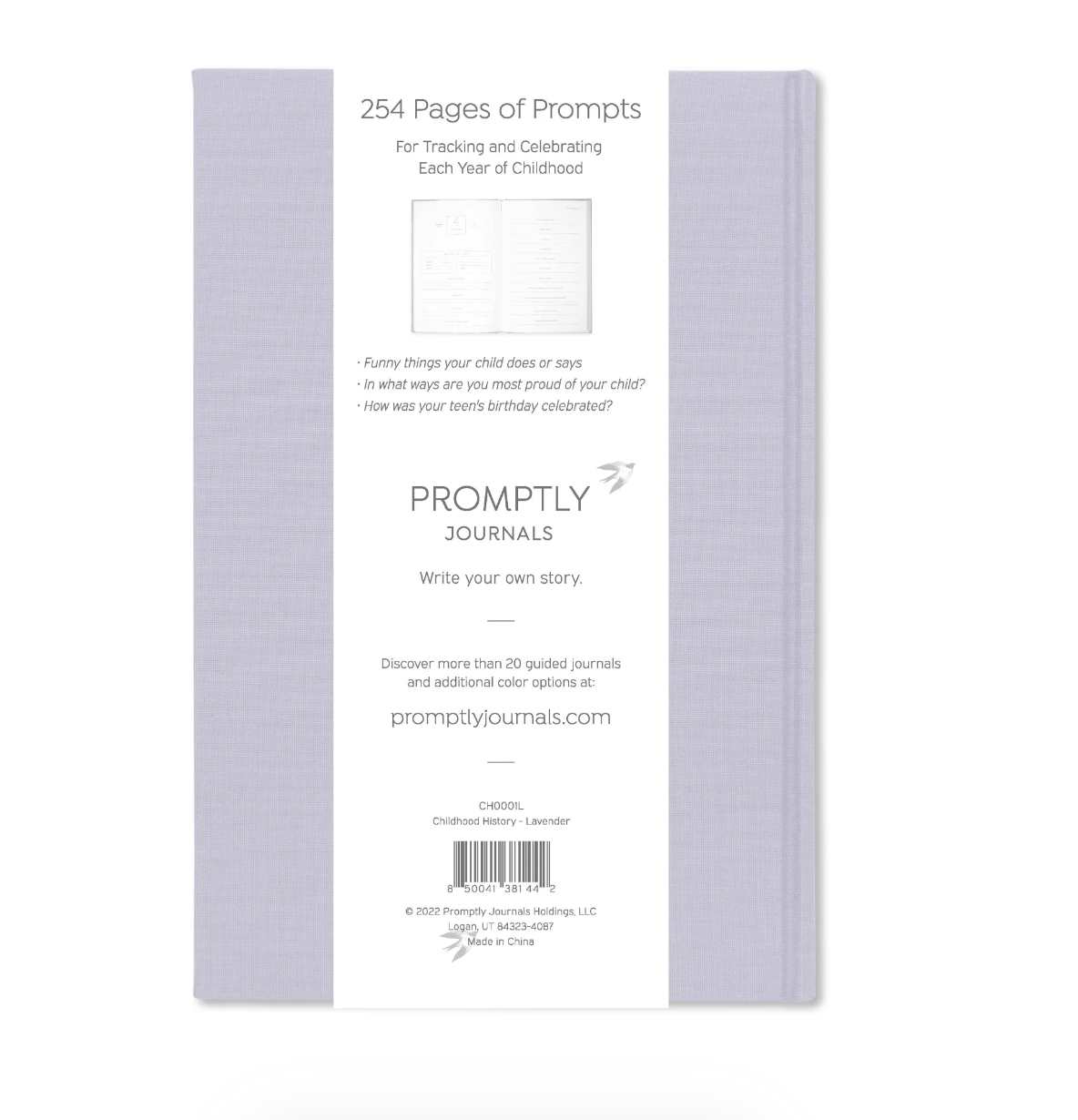 This lavender color childhood history journal has prompts to help parents write their child's story in each phase as a keepsake. This journal is from promptly and sold at BBB Supplies Craft Shop.