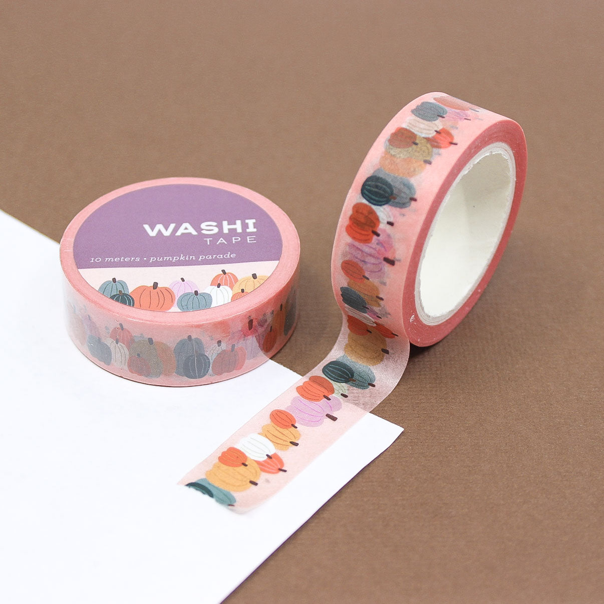 Colorful Pumpkins Washi Tape with a variety of patterned pumpkins in different colors, ideal for fall-themed crafts, journaling, and scrapbooking.