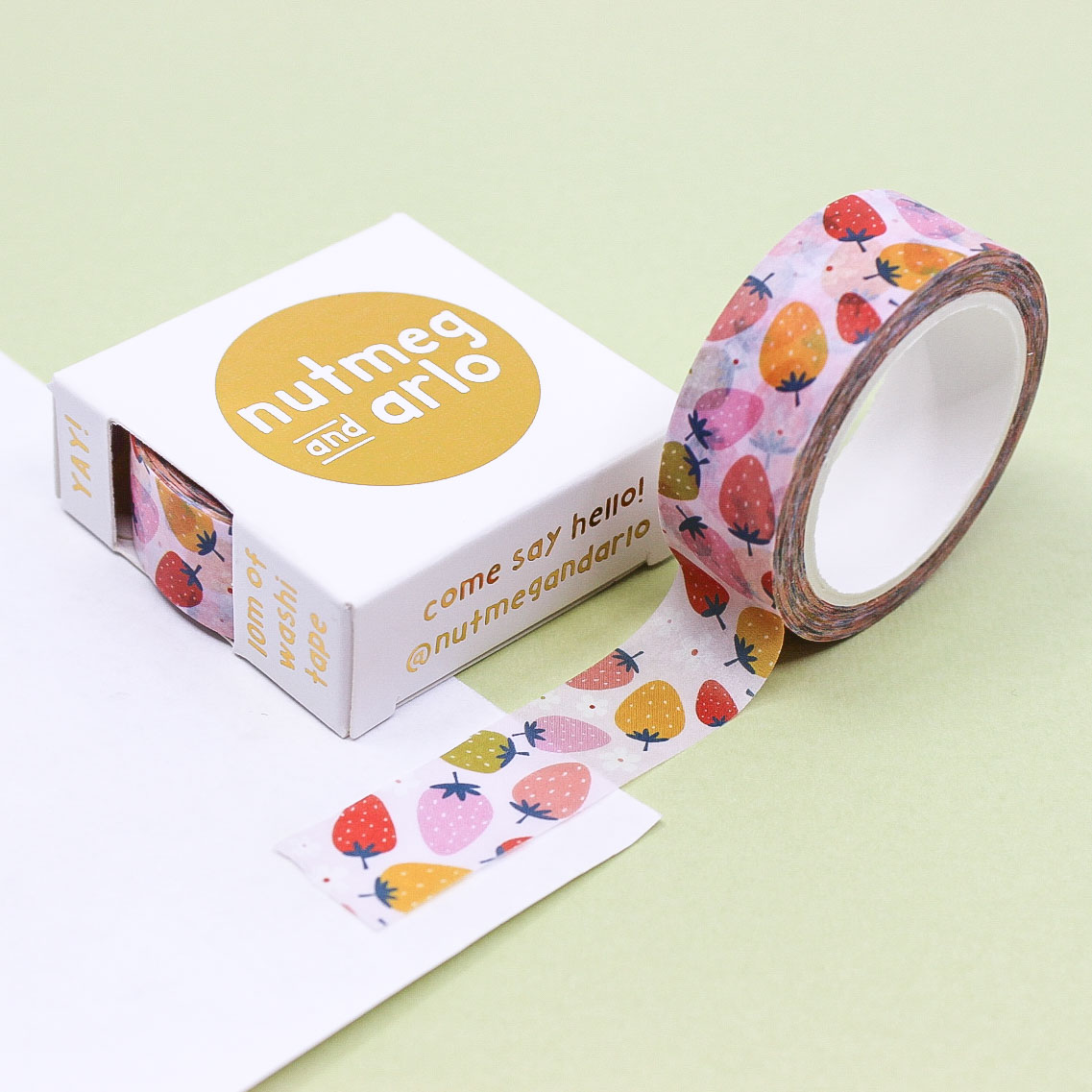 Colorful Strawberry Fruit Washi Tape with bright red and pink strawberries on a cheerful background. Perfect for decorating planners, journals, and scrapbooks.