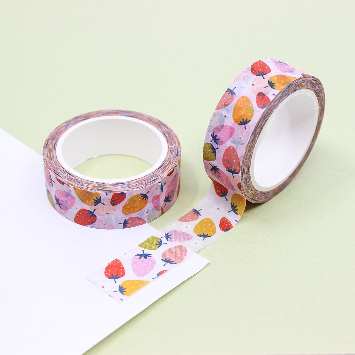 Colorful Strawberry Fruit Washi Tape with bright red, yellow, and pink strawberries on a cheerful background. Perfect for decorating planners, journals, and scrapbooks.