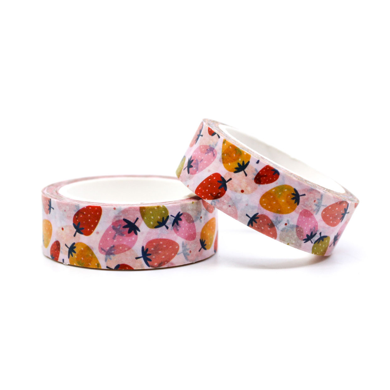 Colorful Strawberry Fruit Washi Tape with bright red, yellow, and pink strawberries on a cheerful background. Perfect for decorating planners, journals, and scrapbooks.