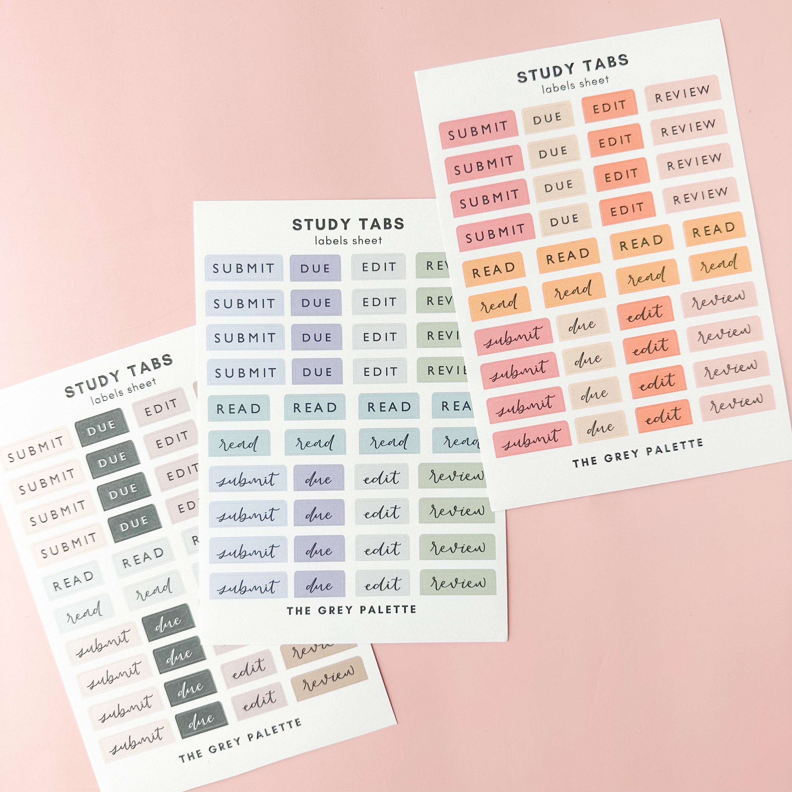 These Study notes sticker sheets feature phrases such as Submit, Due, Edit, Review and read in multiple fonts and color ways. These stickers are from The Grey Palette and sold at BBB Supplies Craft Shop.