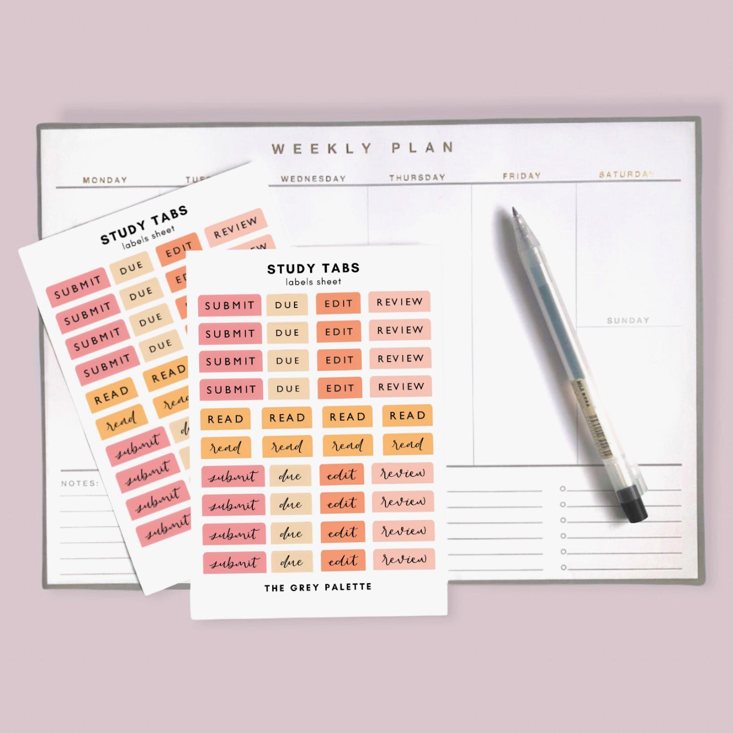 These Study notes sticker sheets feature phrases such as Submit, Due, Edit, Review and read in multiple fonts and color ways. These stickers are from The Grey Palette and sold at BBB Supplies Craft Shop.