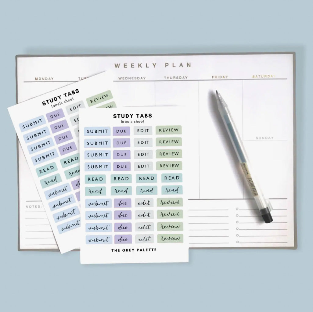 These Study notes sticker sheets feature phrases such as Submit, Due, Edit, Review and read in multiple fonts and color ways. These stickers are from The Grey Palette and sold at BBB Supplies Craft Shop.