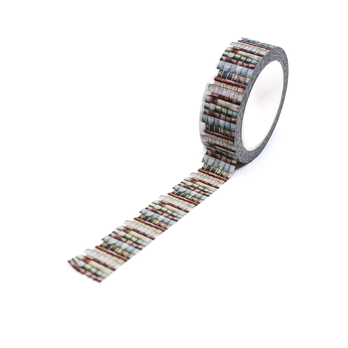 Washi tape with a dreamy book shelf pattern, featuring rows of illustrated books in soft, calming colors for a whimsical, literary-themed design.