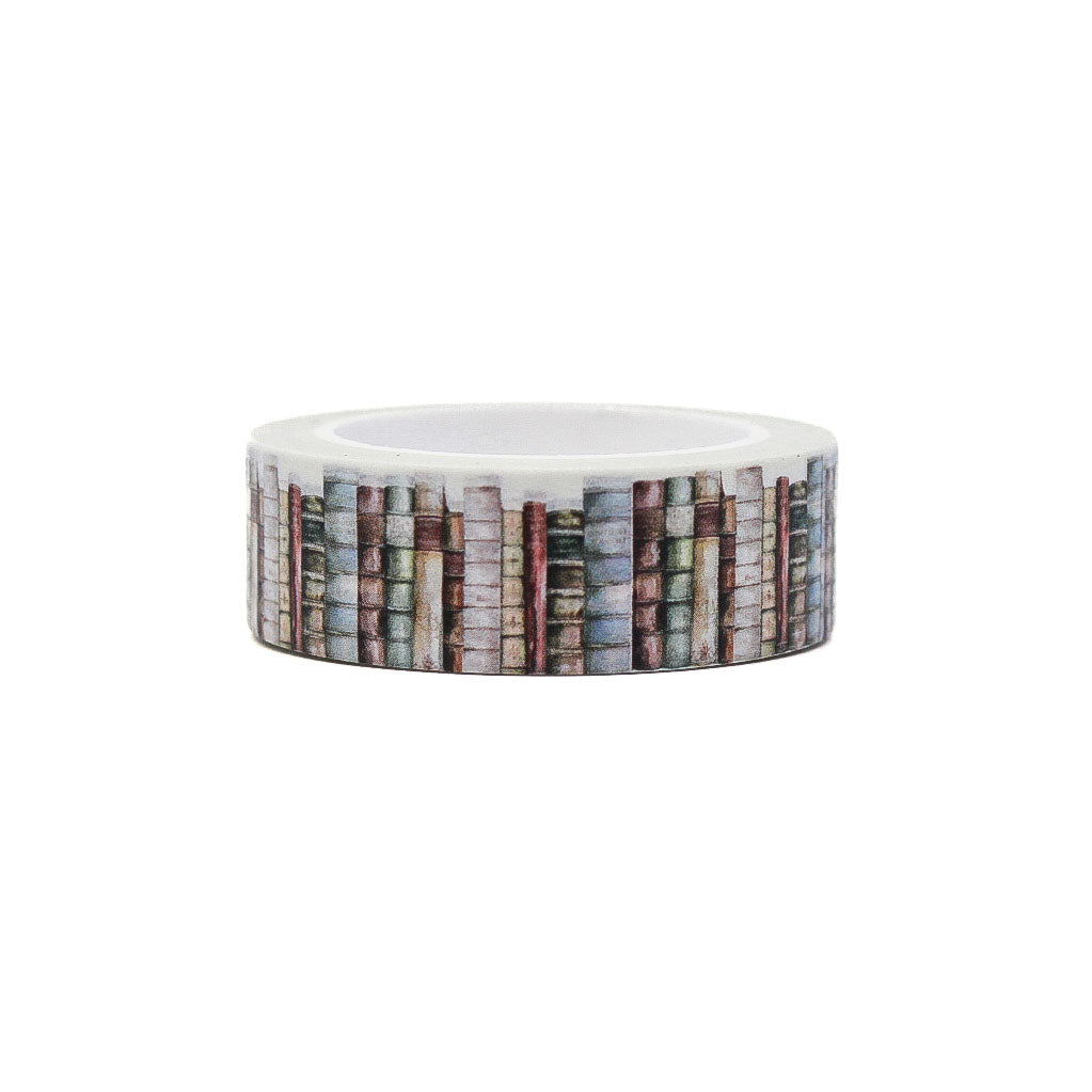 Washi tape with a dreamy book shelf pattern, featuring rows of illustrated books in soft, calming colors for a whimsical, literary-themed design.