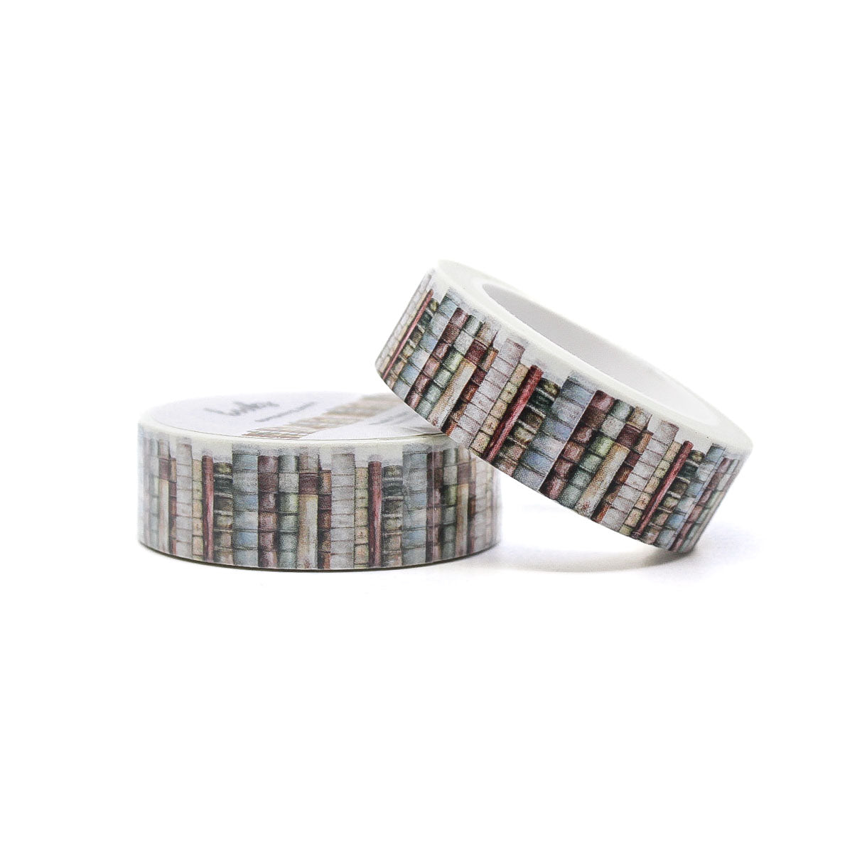 Washi tape with a dreamy book shelf pattern, featuring rows of illustrated books in soft, calming colors for a whimsical, literary-themed design.