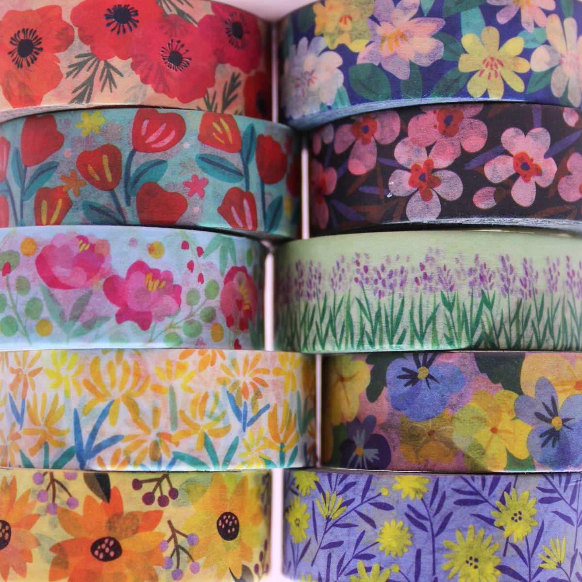 This is the full collection of floral washi tape by Girl of All Work and sold at BBB Supplies Craft Shop.