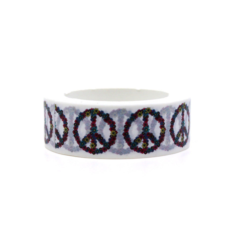 This washi tape features a peace sign design filled with colorful flowers, adding a vibrant and peaceful touch to your projects. This tape is sold at BBB Supplies Craft Shop.